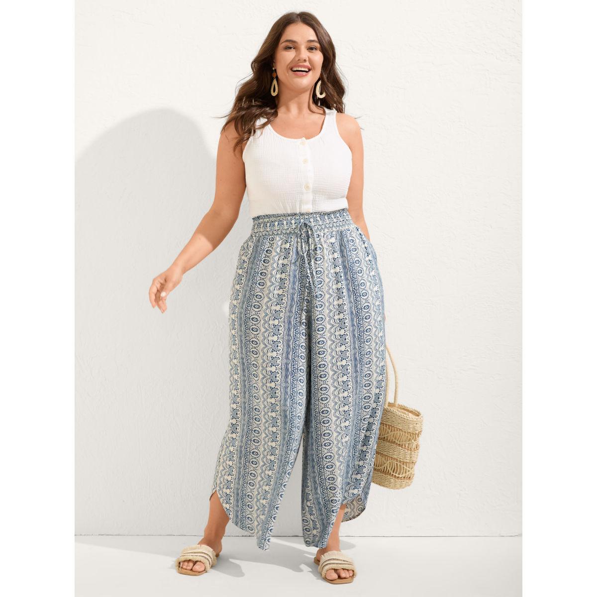 Plus Size Boho Print Shirred Waist Wide-Leg Pants Women Beige Resort Wide Leg Mid Rise Vacation Pants BloomChic 14-16/1X Product Image