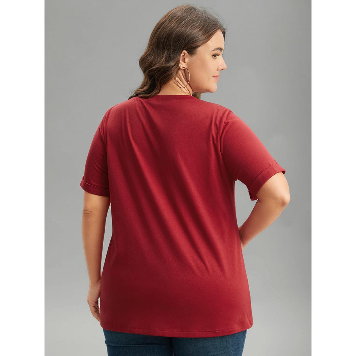 Plus Size Christmas Print Round Neck Roll Sleeve T-shirt Raspberry Women Casual Printed Christmas Festival-Christmas T-shirts BloomChic 28/5X Product Image