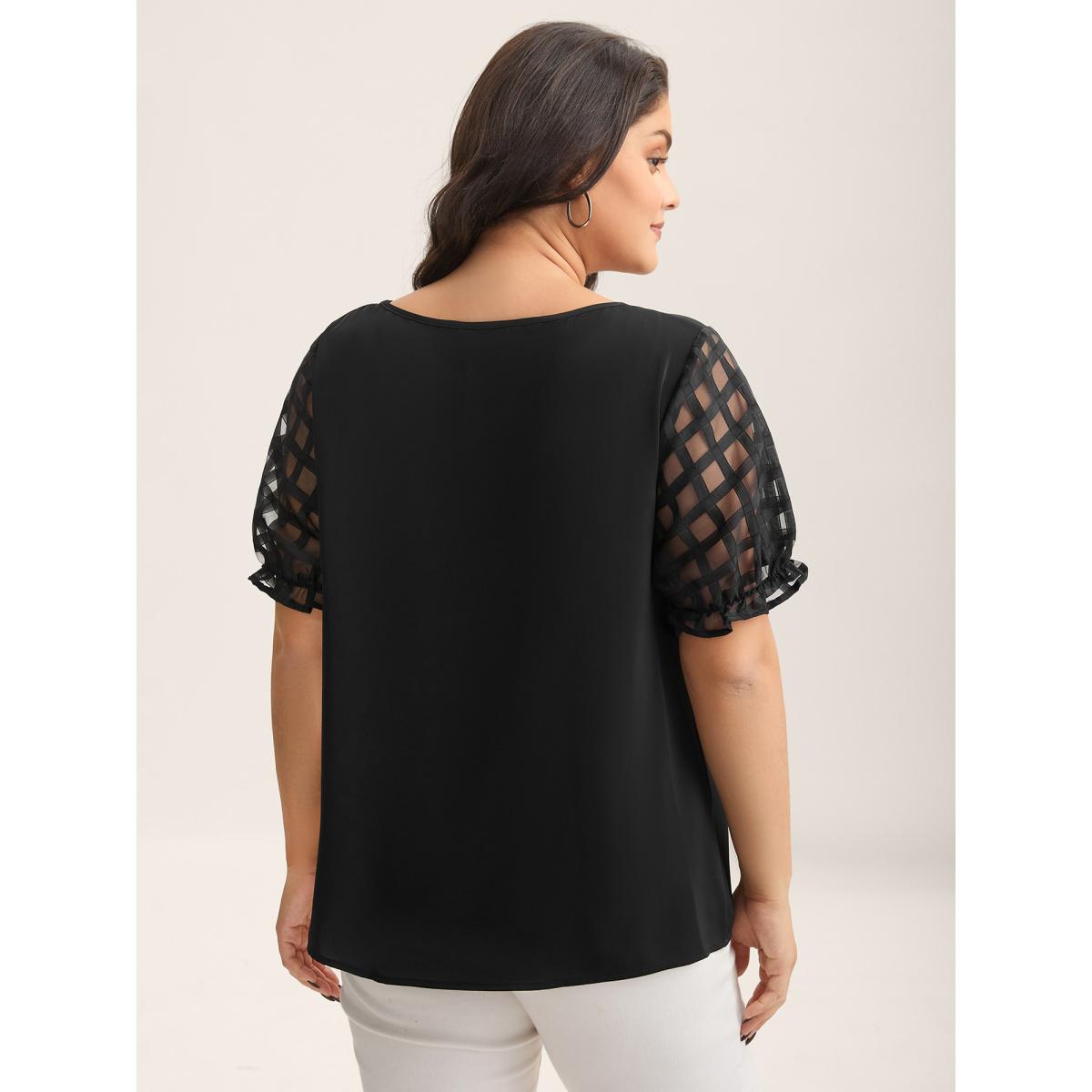 Plus Size Black Sheer Grid Neck Keyhole Blouse Women Short sleeve Round Neck Work Blouses BloomChic 18-20/2X Product Image