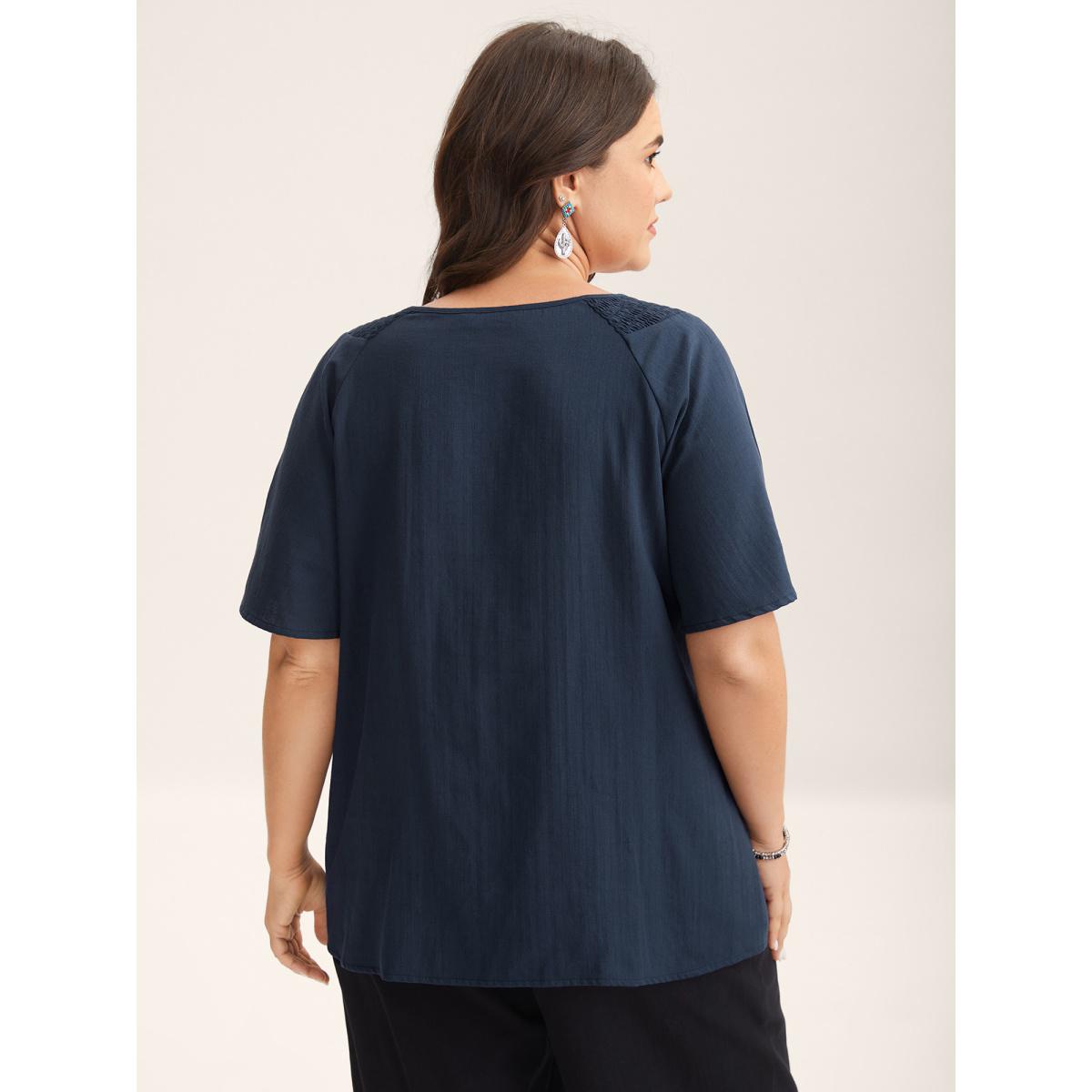 Plus Size Indigo Cotton Boho Embroidered Neck Shirred Shoulder Blouse Women Boho Half Sleeve Notched collar Vacation Blouses BloomChic 26/4X Product Image