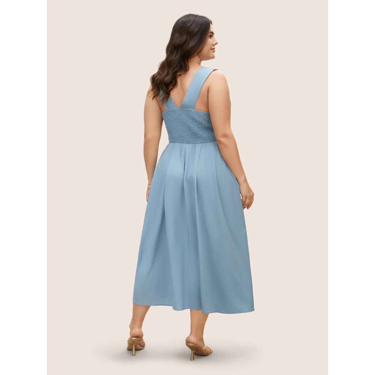 Plus Size Heart Neckline Crossover Shirred Midi Dress LightBlue Women Elegant Pleated Heart neckline Sleeveless Curvy BloomChic 10/M Product Image