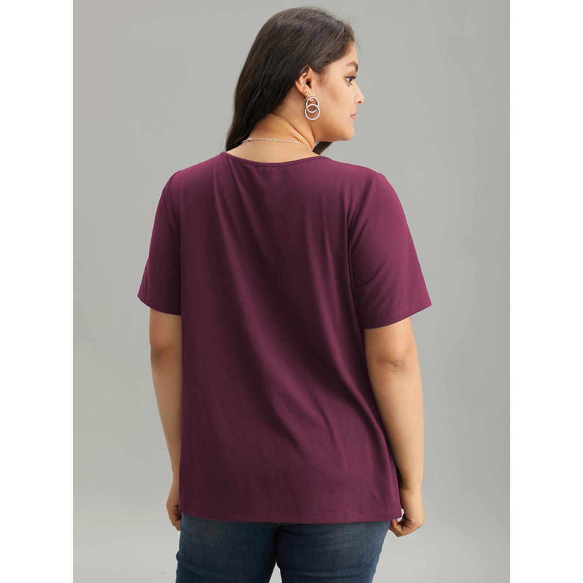 Plus Size Solid Keyhole Cut Out T-shirt RedViolet Women Timeless Plain Plain Elegant T-shirts BloomChic 10/M Product Image