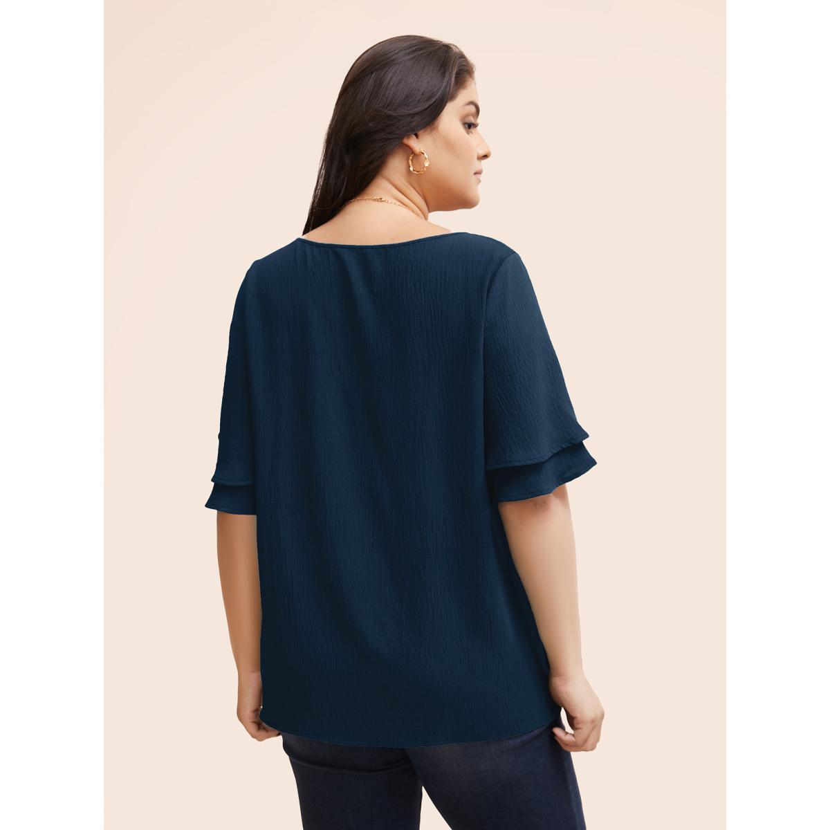 Plus Size Burgundy Solid Tiered Ruffles Split Hem Blouse Women Elegant Half Sleeve Boat Neck Everyday Blouses BloomChic 14-16/1X Product Image