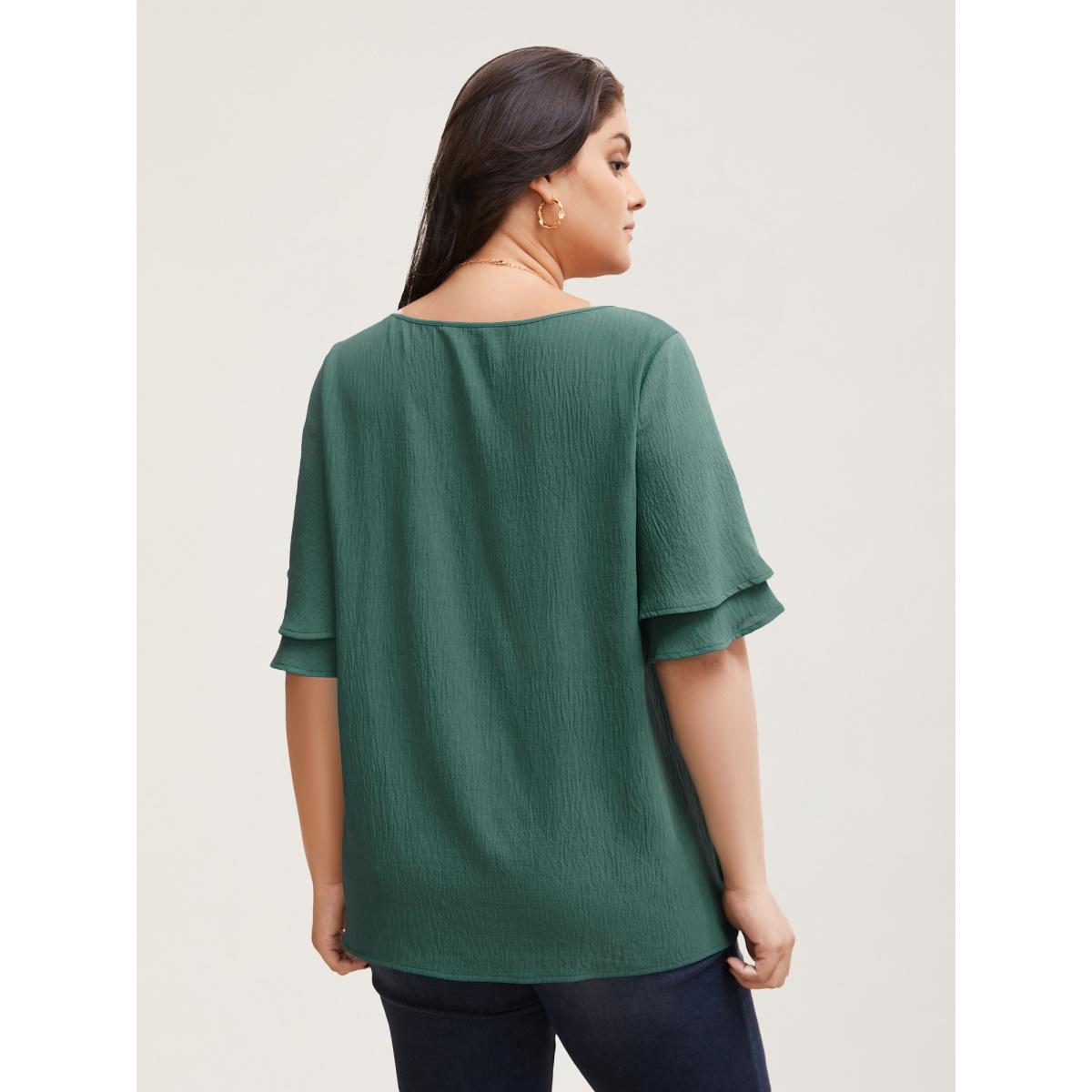 Plus Size Emerald Solid Tiered Ruffles Split Hem Blouse Women Timeless Half Sleeve Boat Neck Elegant Blouses BloomChic 14-16/1X Product Image