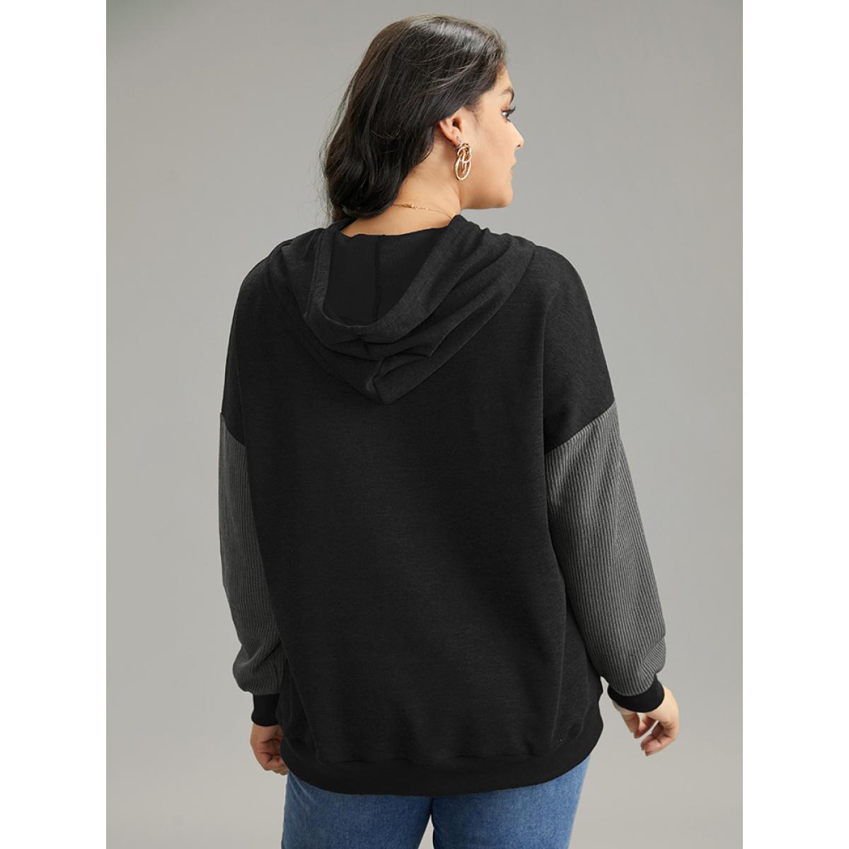 Plus Size Rib Knit Patchwork Ditsy Floral Ties Sweatshirt Women Black Elegant Rib Knit Hooded Dailywear Sweatshirts BloomChic 12/L Product Image