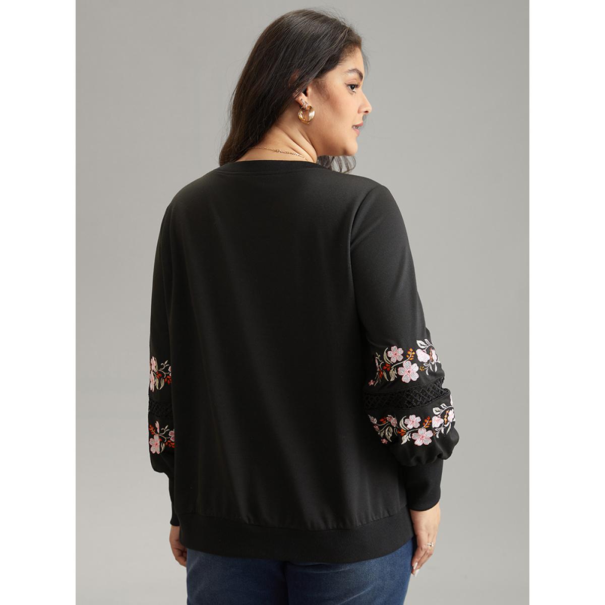 Plus Size Floral Embroidered Lace Insert Sweatshirt Women Black Elegant Lace Round Neck Dailywear Sweatshirts BloomChic 14-16/1X Product Image