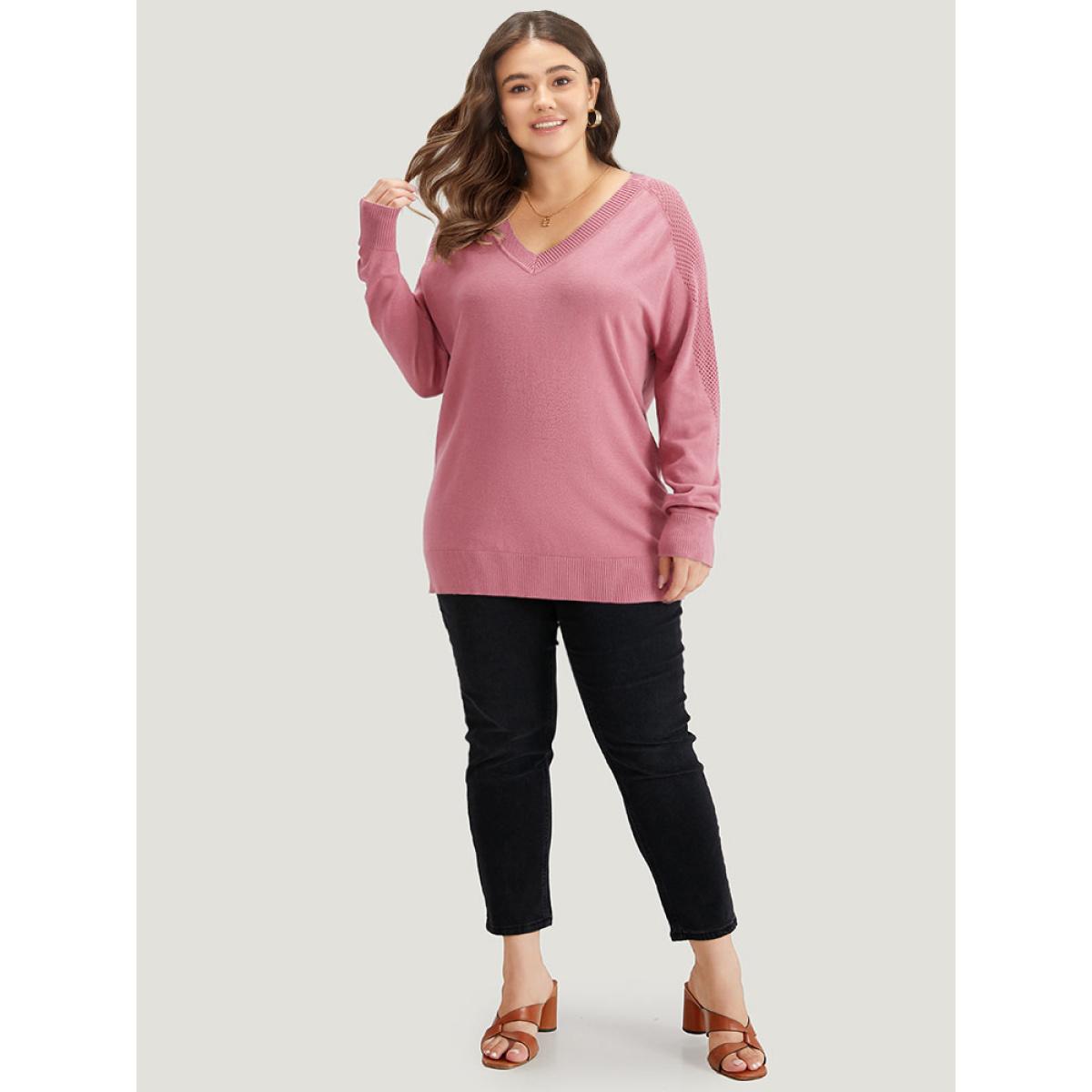 Plus Size Supersoft Essentials Solid Cut Out Patchwork Pullover DustyPink Women Casual Loose Long Sleeve V-neck Dailywear Pullovers BloomChic 26/4X Product Image