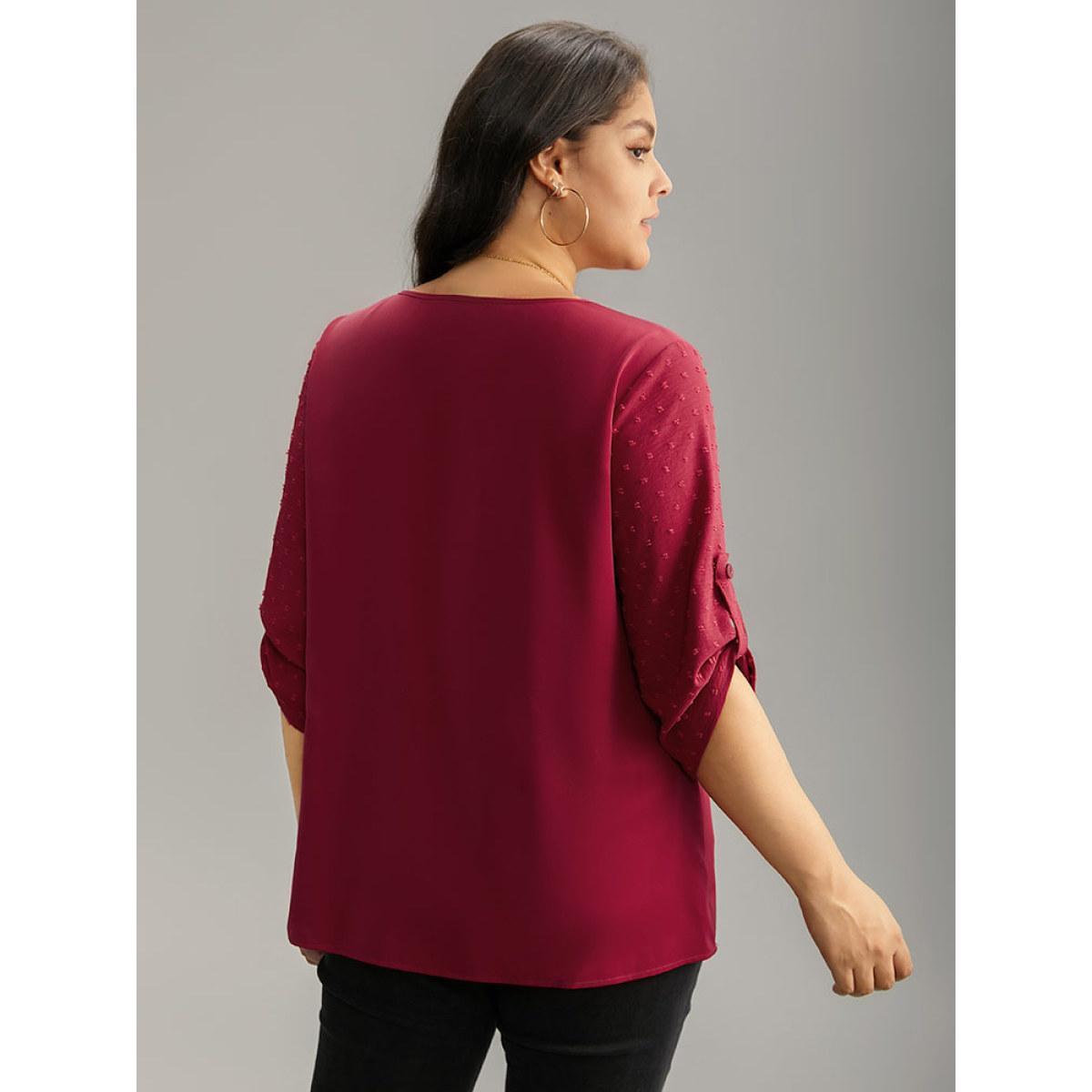 Plus Size Scarlet Plain V Neck Tab Sleeve Scalloped Trim Blouse Women Office Elbow-length sleeve V-neck Office Blouses BloomChic 12/L Product Image