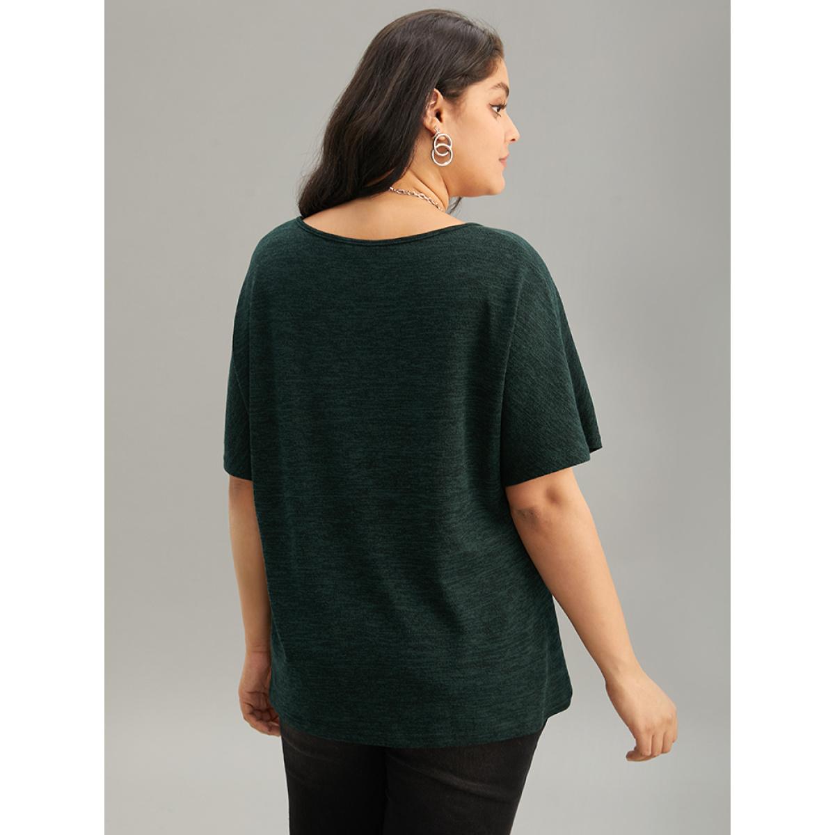 Plus Size Solid Heather V Neck Dolman Sleeve T-shirt DarkGreen Women Casual Plain Plain V-neck Everyday T-shirts BloomChic 28/5X Product Image