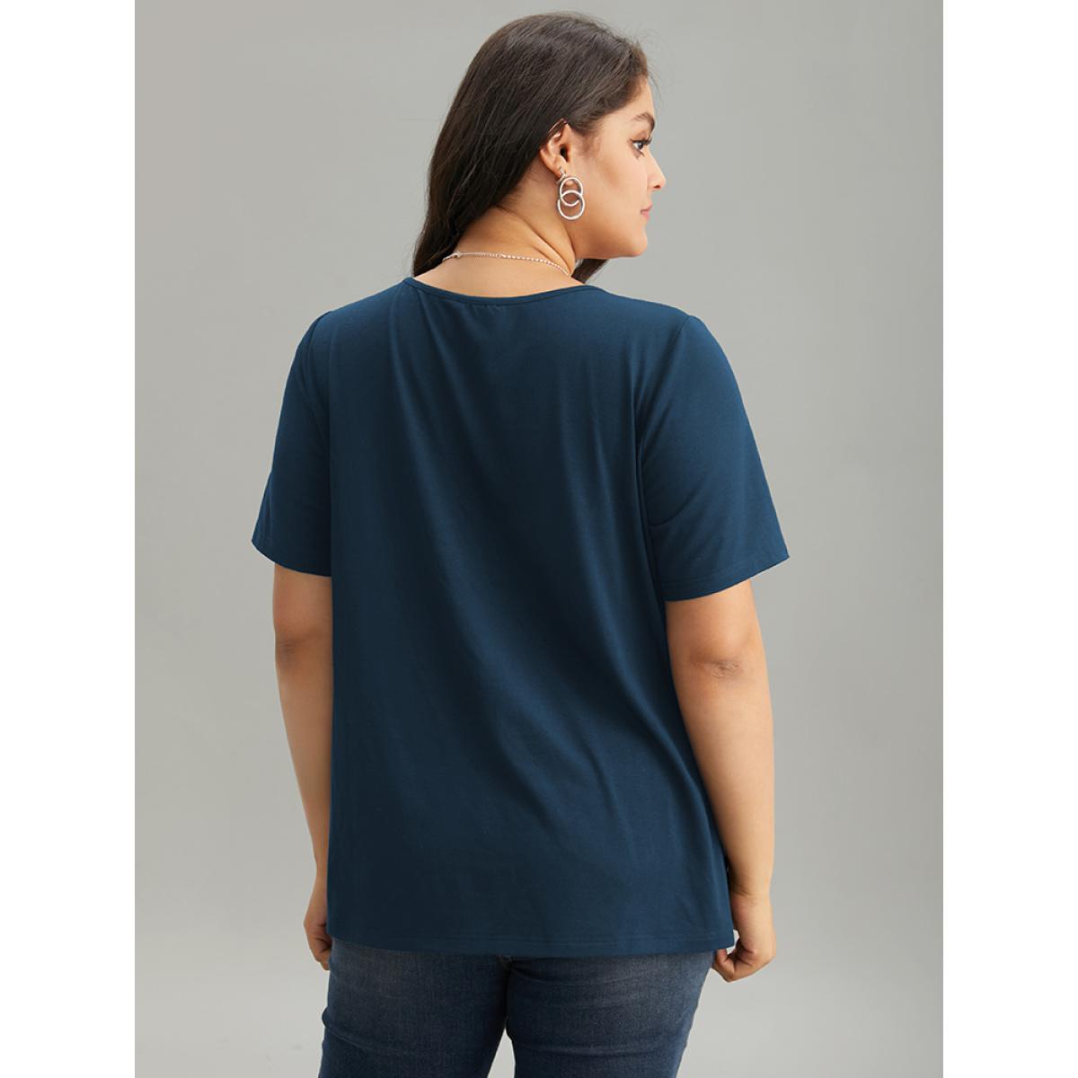 Plus Size Solid Keyhole Cut Out T-shirt Indigo Women Timeless Plain Plain Elegant T-shirts BloomChic 18-20/2X Product Image