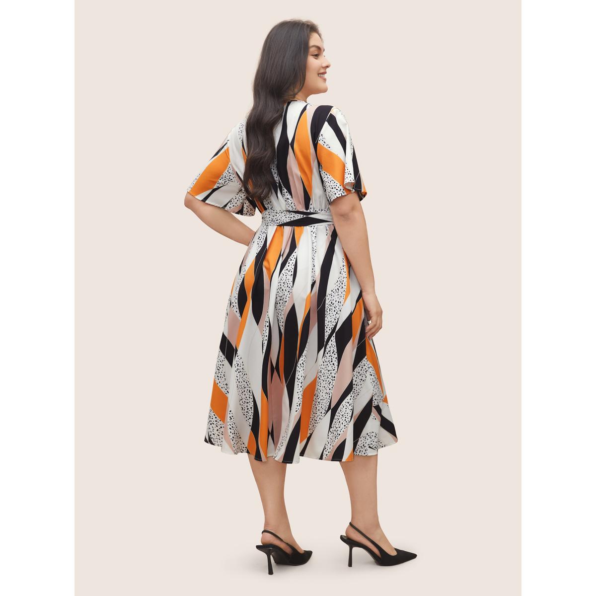 Plus Size Geometric Contrast Overlap Collar Belted Ruffle Sleeve Dress Multicolor Women At the Office Overlapping Overlap Collar Short sleeve Curvy Midi Dress BloomChic 10/M Product Image