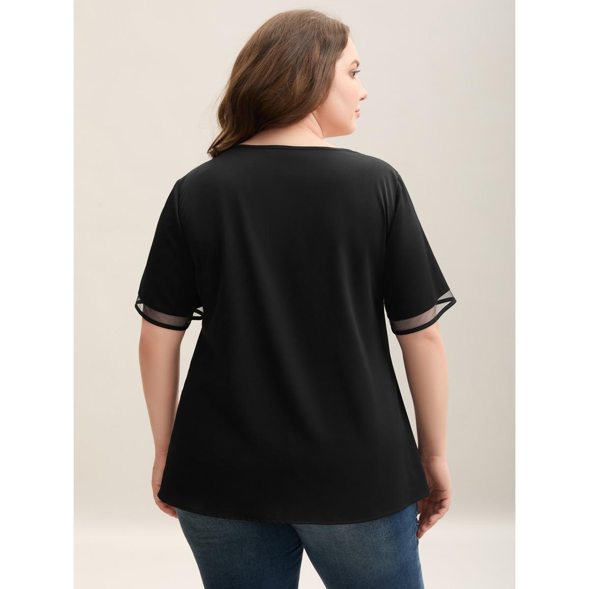 Plus Size Black Sheer Spliced Mesh V-Neck Top Women Elegant Short sleeve V-neck Everyday Blouses BloomChic 22-24/3X Product Image