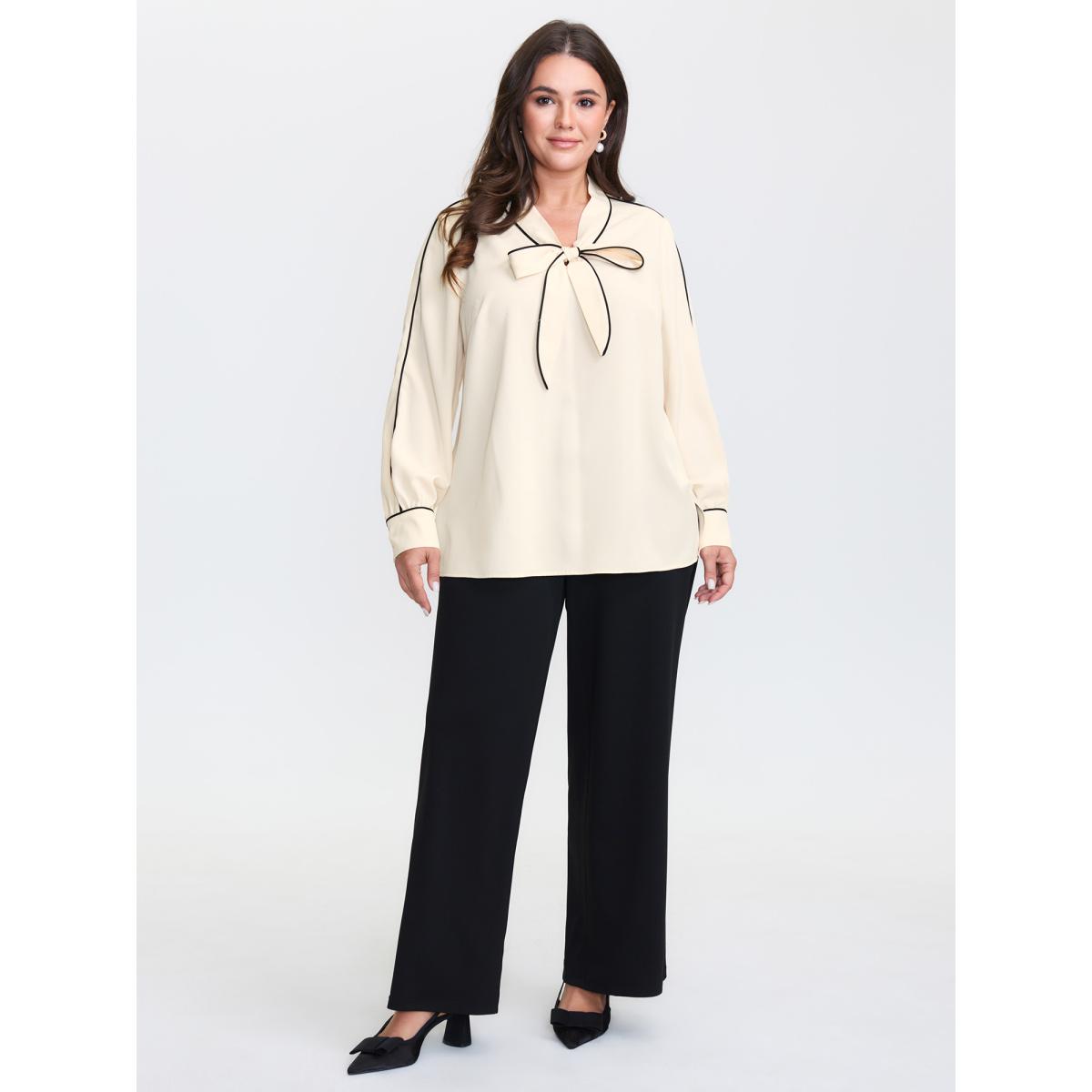 Plus Size Apricot Bowknot Neckline Color Contrast Blouse Women Timeless Long Sleeve Ribbon-tied collar Elegant Blouses BloomChic 10/M Product Image