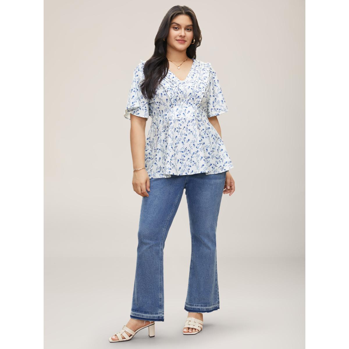 Plus Size Ivory Floral Pleated Elastic Waist Ruffle Sleeve Blouse Women Timeless Half Sleeve V-neck Elegant Blouses BloomChic 18-20/2X Product Image