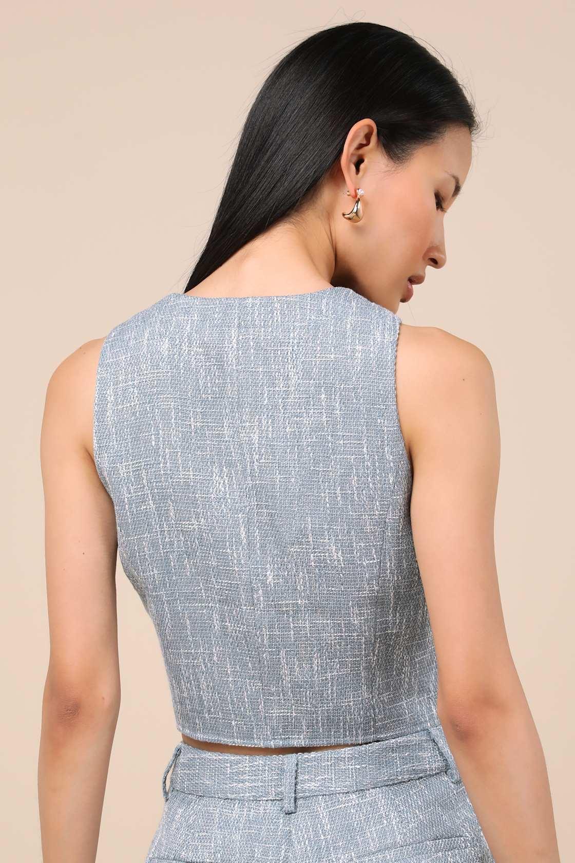 Alfonsa Light Blue Tweed Button-Front Vest Top Product Image