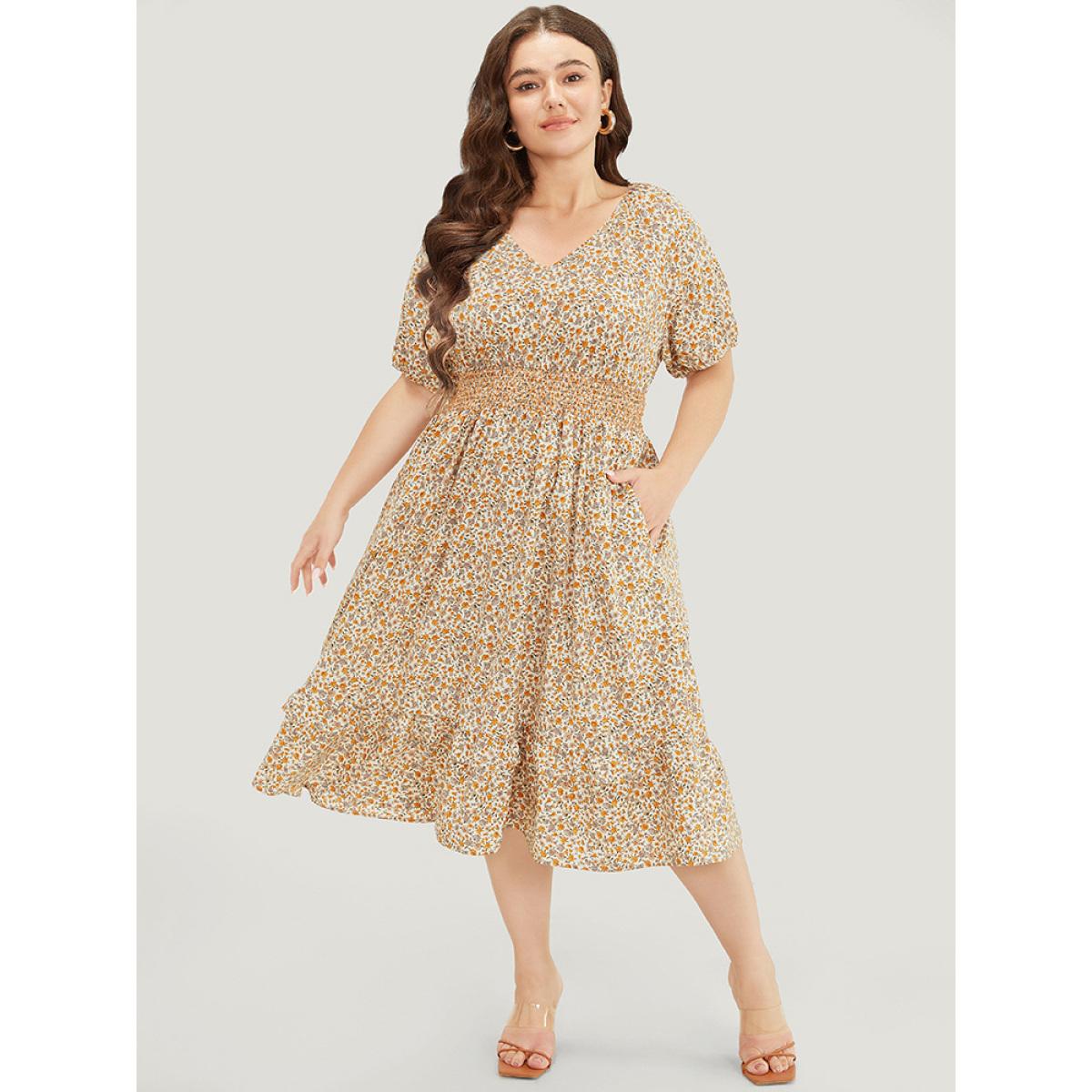 Plus Size Ditsy Floral Pocket Puff Sleeve Shirred Ruffle Trim Dress Apricot Women Elegant Gathered V-neck Short sleeve Curvy Midi Dress BloomChic 22-24/3X Product Image