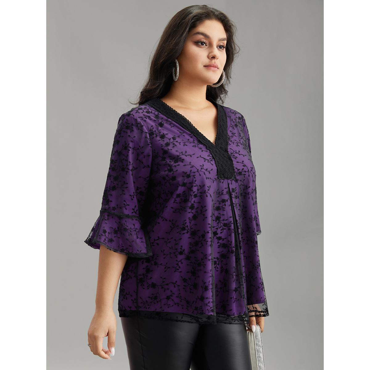 Plus Size DarkGreen Crochet Lace Mesh Bell Sleeve Blouse Women Cocktail Elbow-length sleeve V-neck Party Blouses BloomChic 22-24/3X Product Image