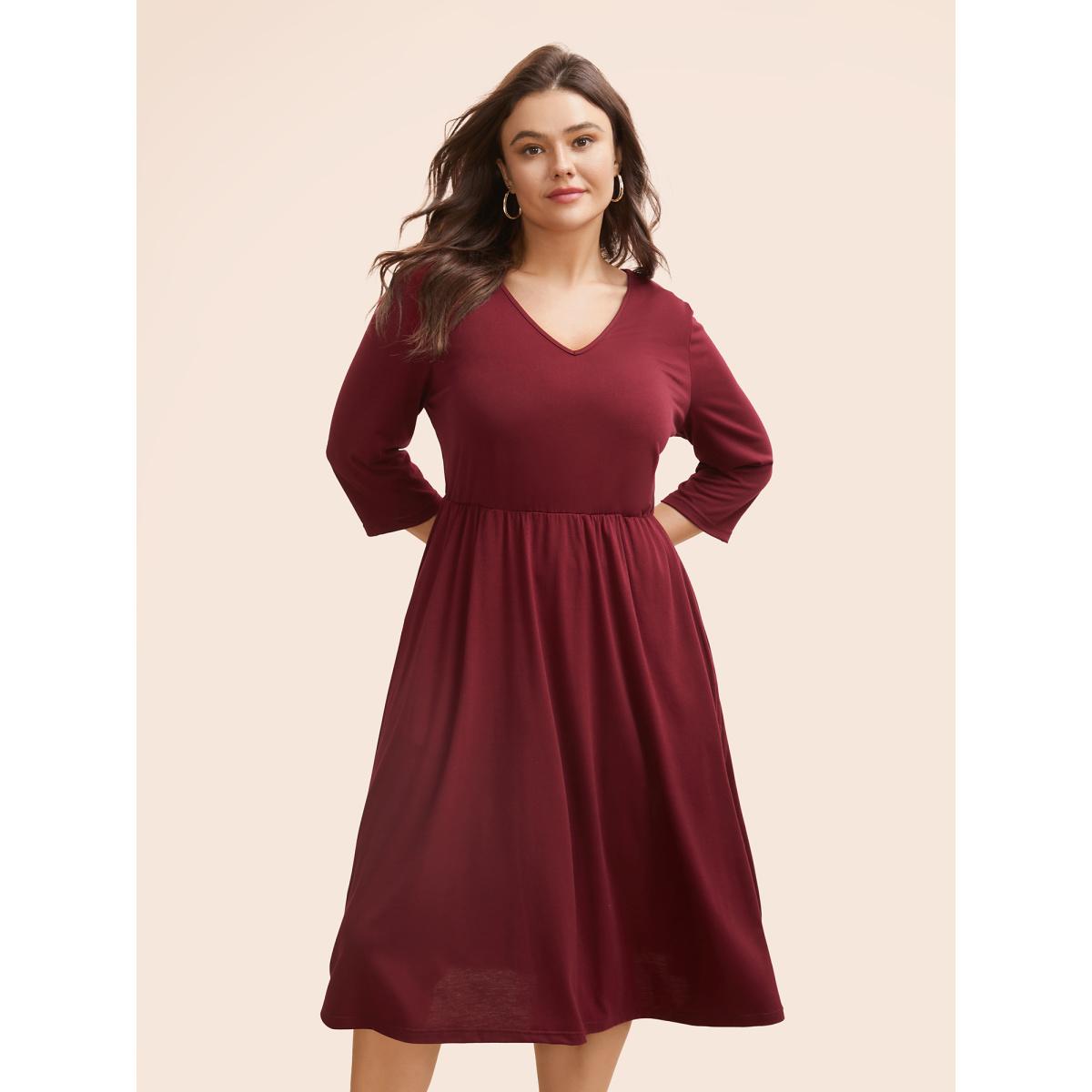 Plus Size Solid V Neck Elastic Waist Midi Dress Burgundy Women Casual Non V-neck Elbow-length sleeve Curvy BloomChic 10/M Product Image