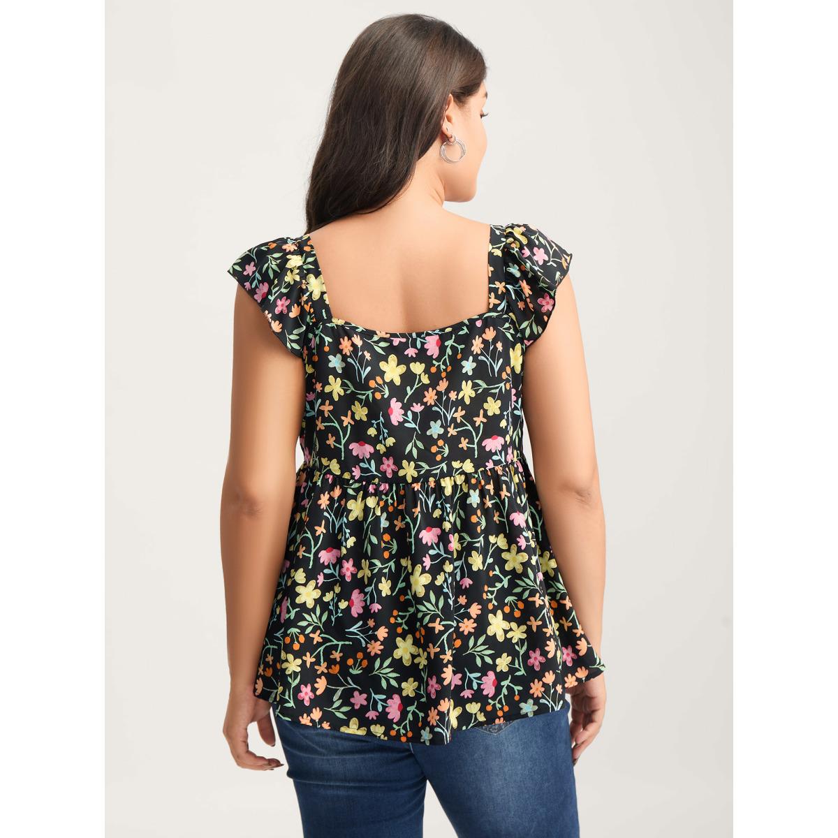 Plus Size Floral Ruched Bodice Sweetheart Tank Top Women Black Gathered Square Neck Everyday-Elegant Tank Tops Camis BloomChic 14-16/1X Product Image