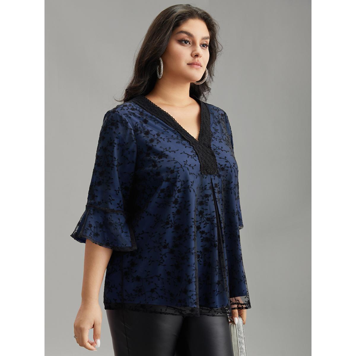 Plus Size DarkBlue Crochet Lace Mesh Bell Sleeve Blouse Women Cocktail Elbow-length sleeve V-neck Party Blouses BloomChic 12/L Product Image