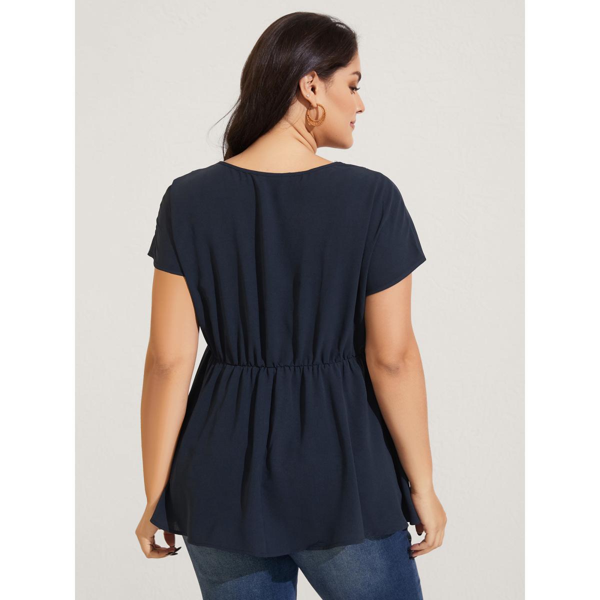 Plus Size Indigo Boho Embroidery Babydoll Top Women Short sleeve V-neck Vacation Blouses BloomChic 14-16/1X Product Image