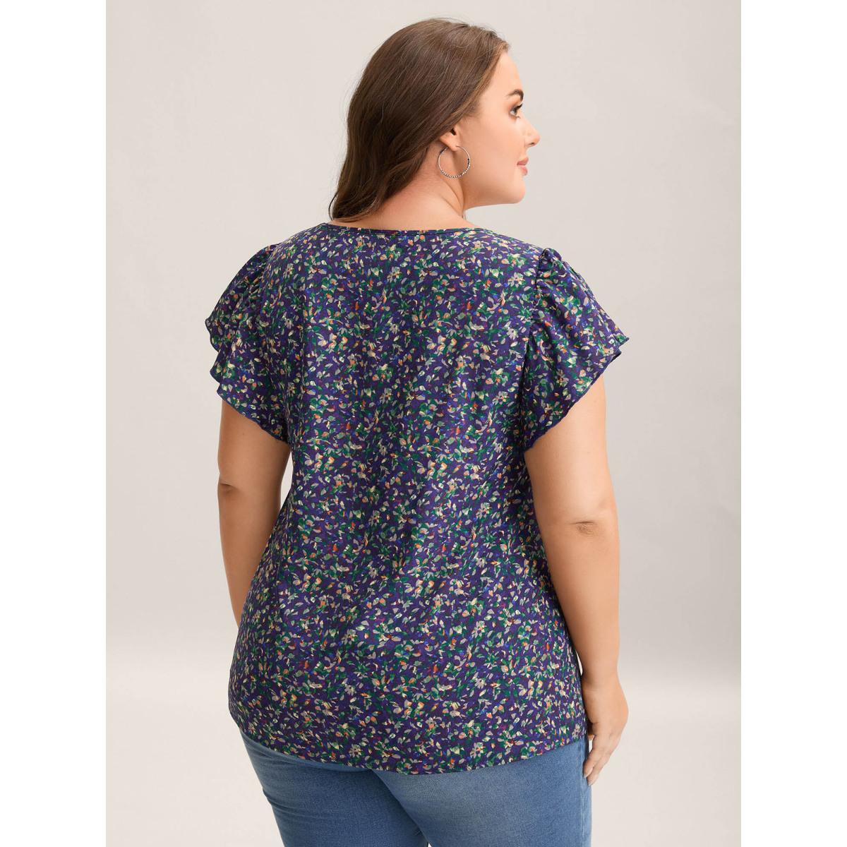 Plus Size DarkBlue Ditsy Floral Print Asymmetrical Ruffled Sleeve Blouse Women Elegant Cap Sleeve V-neck Everyday Blouses BloomChic 18-20/2X Product Image