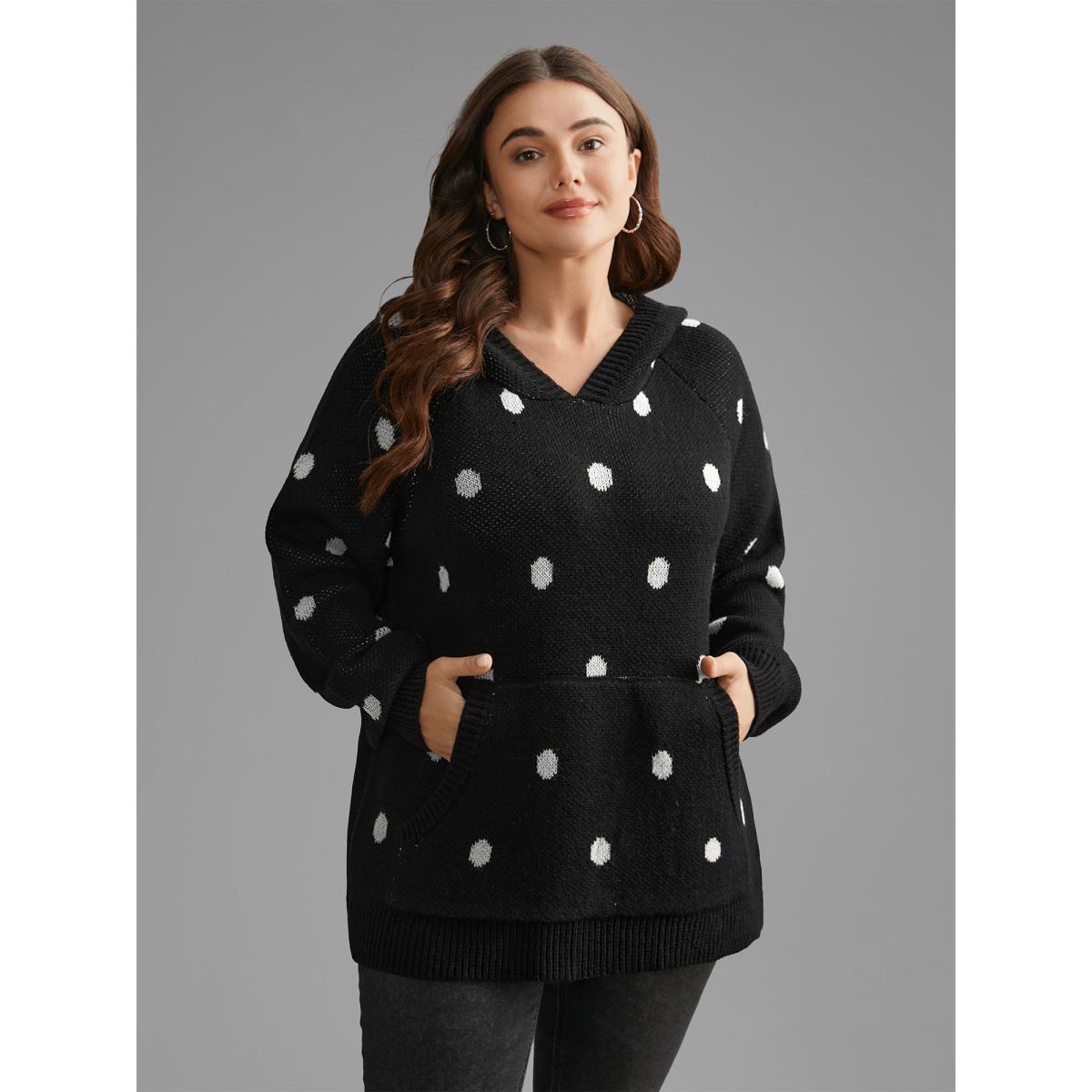 Plus Size Polka Dot Hooded Patch Pocket Pullover Black Women Casual Loose Long Sleeve Hooded Everyday Pullovers BloomChic 28/5X Product Image
