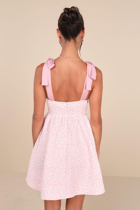 Darling Composure Pink Jacquard Floral Tie-Strap Mini Dress Product Image
