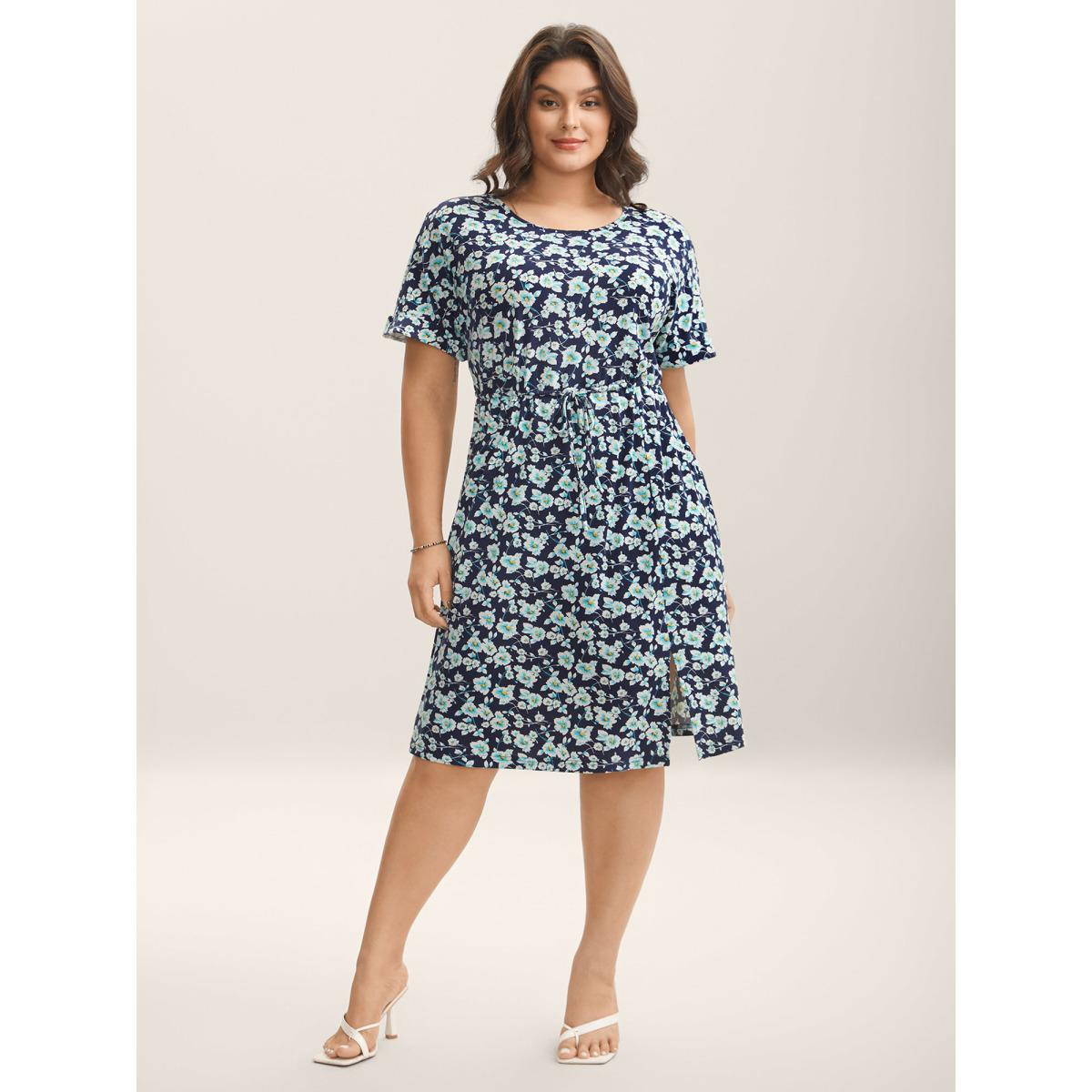 Plus Size Supersoft Ditsy Floral Waist-Tie Midi Dress Navy Women Round Neck Short sleeve Curvy BloomChic 14-16/1X Product Image