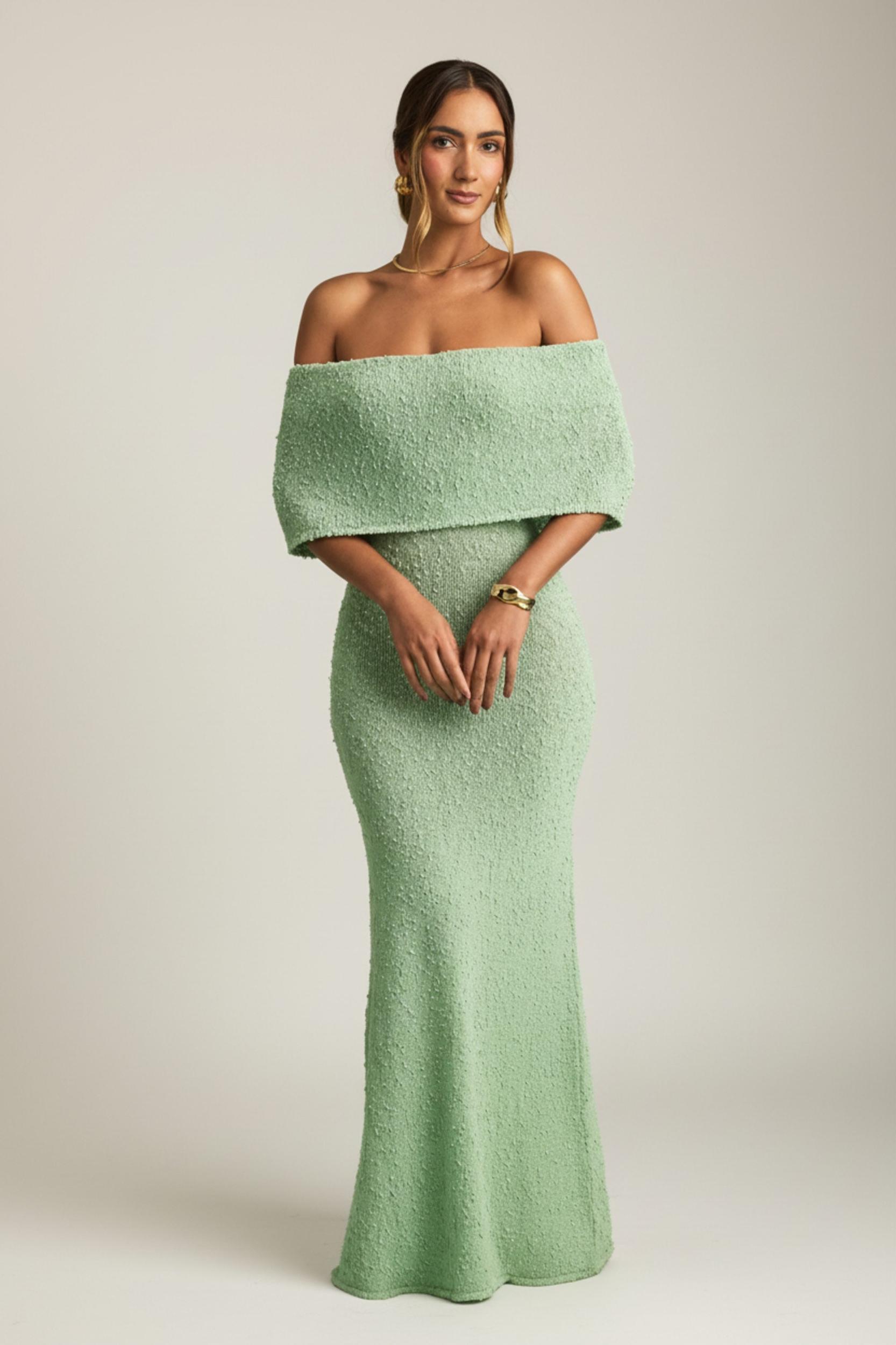 Bouclé Off-Shoulder Maxi Dress in Mint Girls Product Image