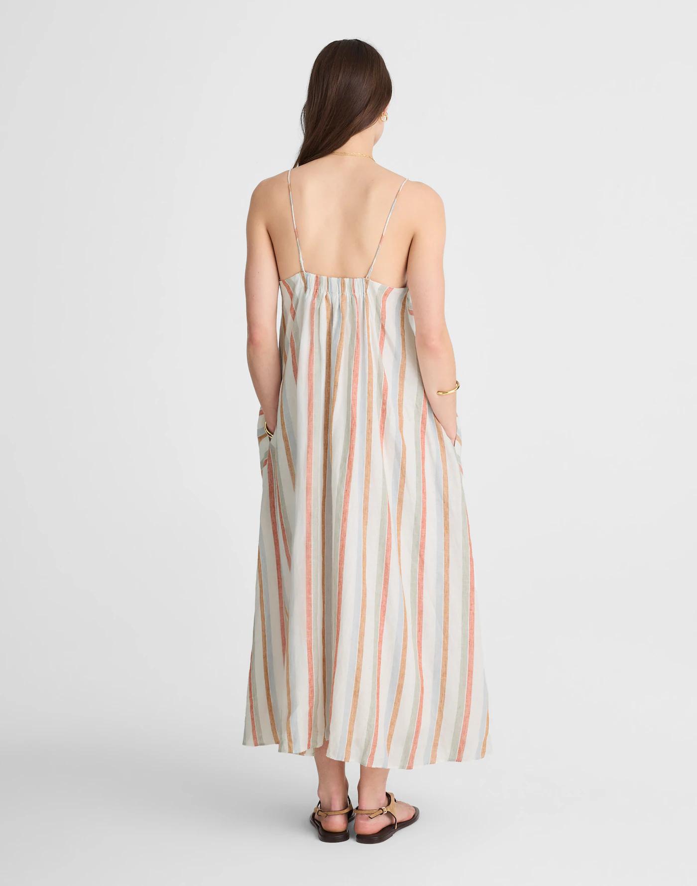 Striped V-Neck Midi Dress in 100% Linen Product Image