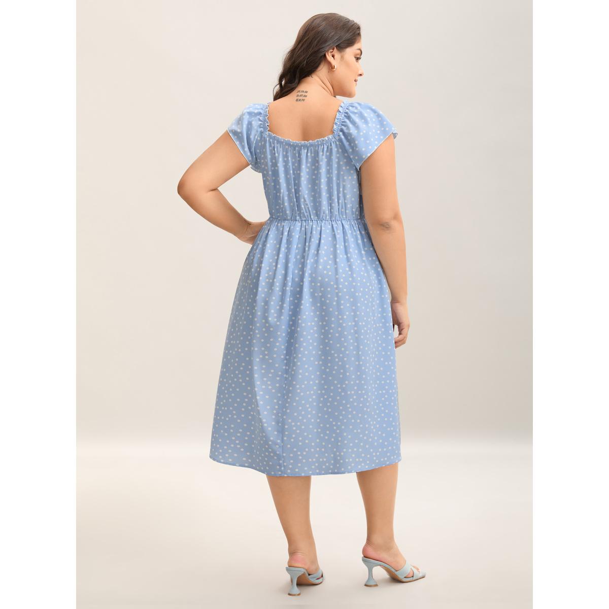 Plus Size Ruffle Trim Polka Dots Pockets Midi Dress LightBlue Women Non Short sleeve Curvy BloomChic 30/6X Product Image