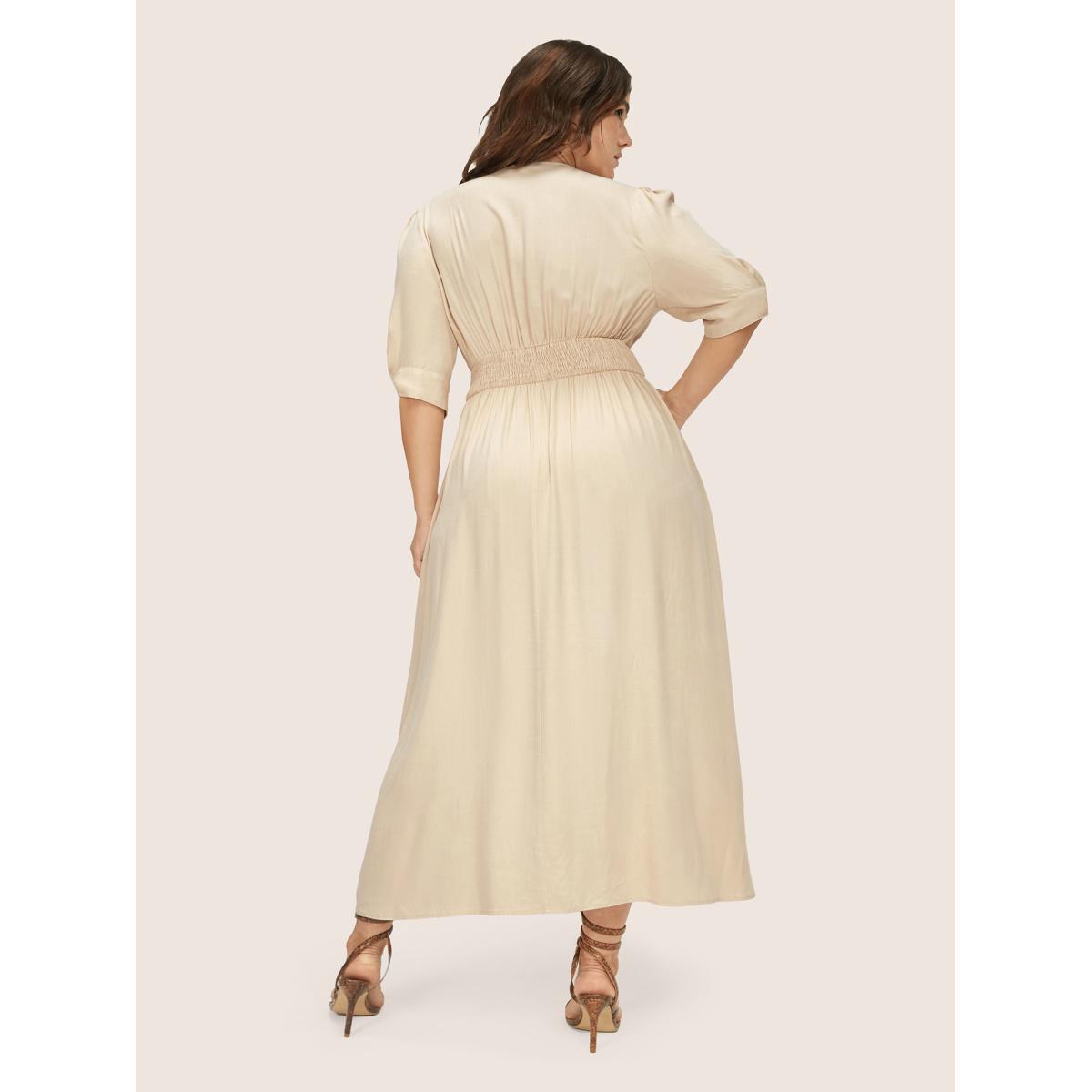 Plus Size Plunging Neck Button Detail Pocket Maxi Dress Beige Women Resort Gathered V-neck Short sleeve Curvy Long Dress BloomChic 10/M Product Image
