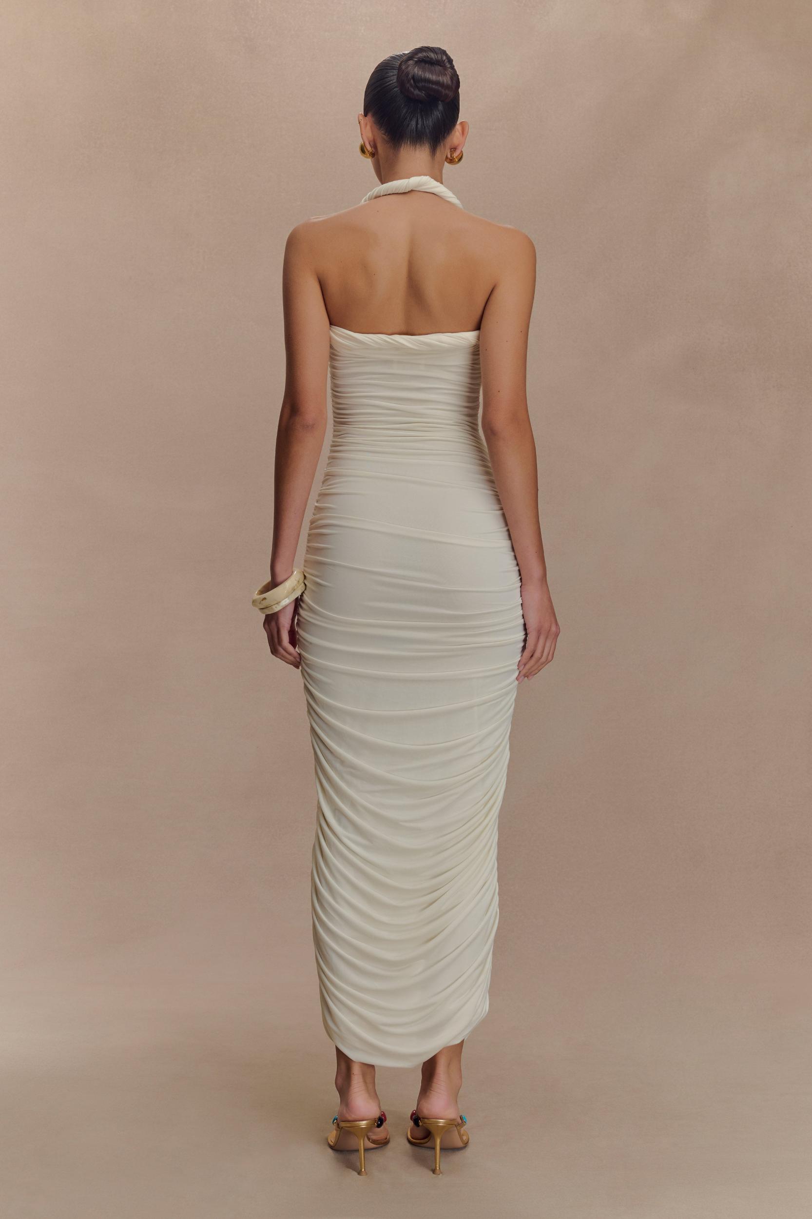 Camila Ruched Halter Midi Dress - Ivory Product Image