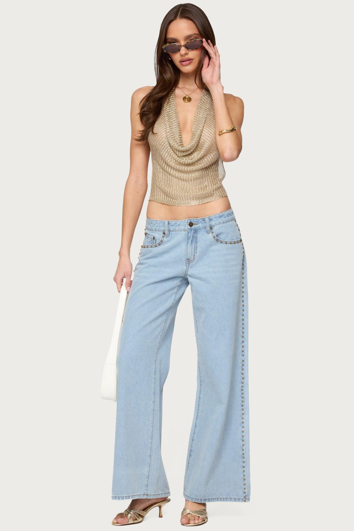 Shiny Knit Cowl Neck Backless Top Product Image