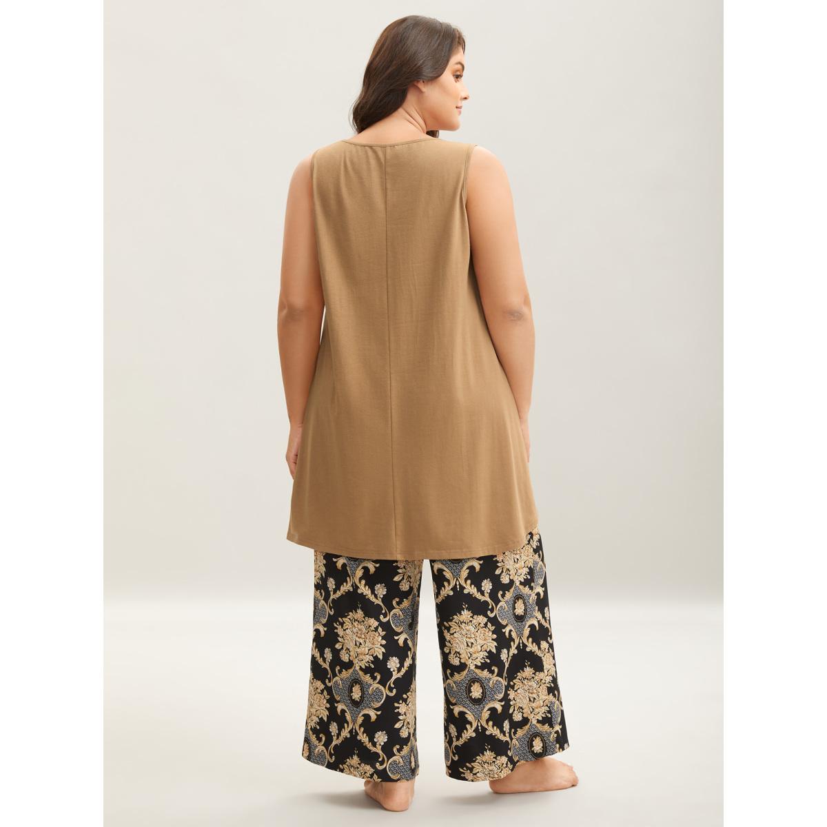 Plus Size Boho Print Color Contrast Loungewear Set Women Tan Non Sleeveless Round Neck Casual Loungewear Sets BloomChic 26/4X Product Image