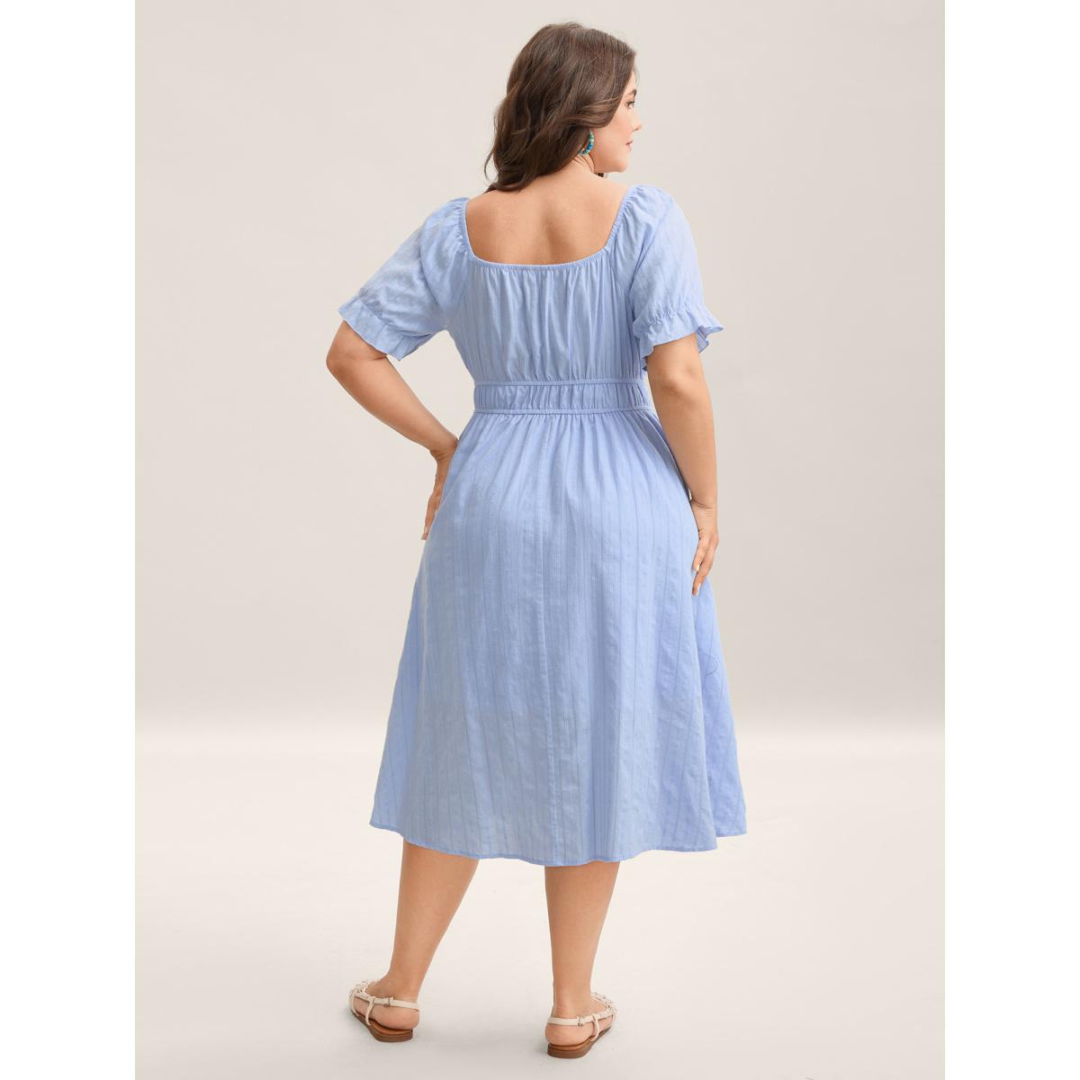 Plus Size Cotton Textured Neck-Tie Pockets Midi Dress LightBlue Women Round Neck Short sleeve Curvy BloomChic 28/5X Product Image
