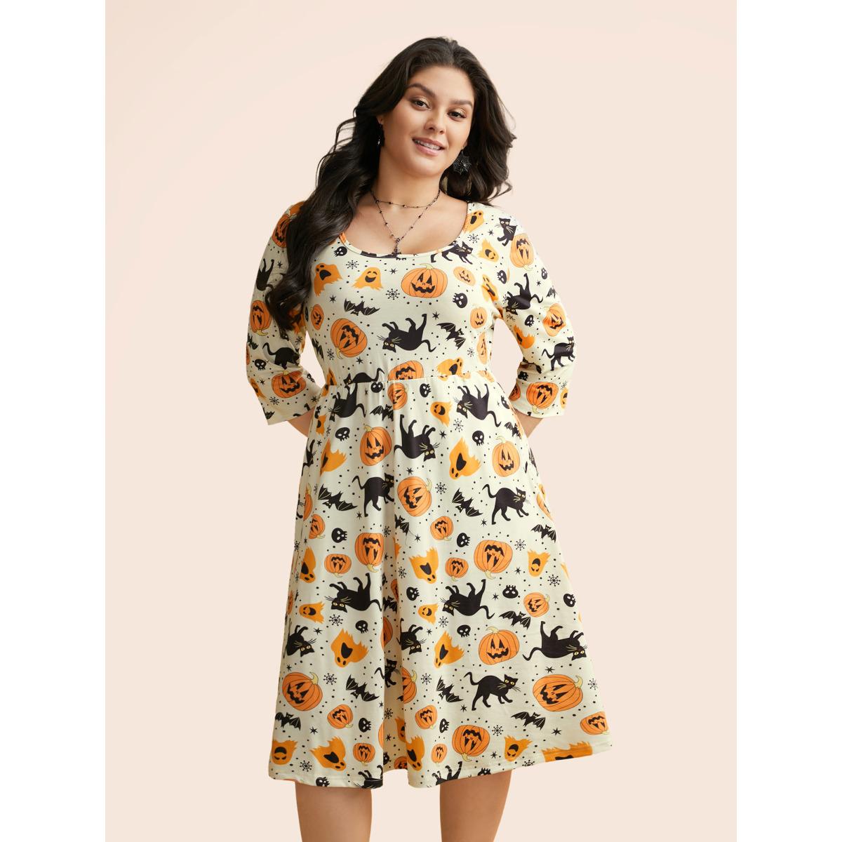 Plus Size Pumpkin Spiced Elastic Waist Printed Midi Dress Ivory Women Cocktail Non Party Curvy Bloomchic 30/6X Product Image