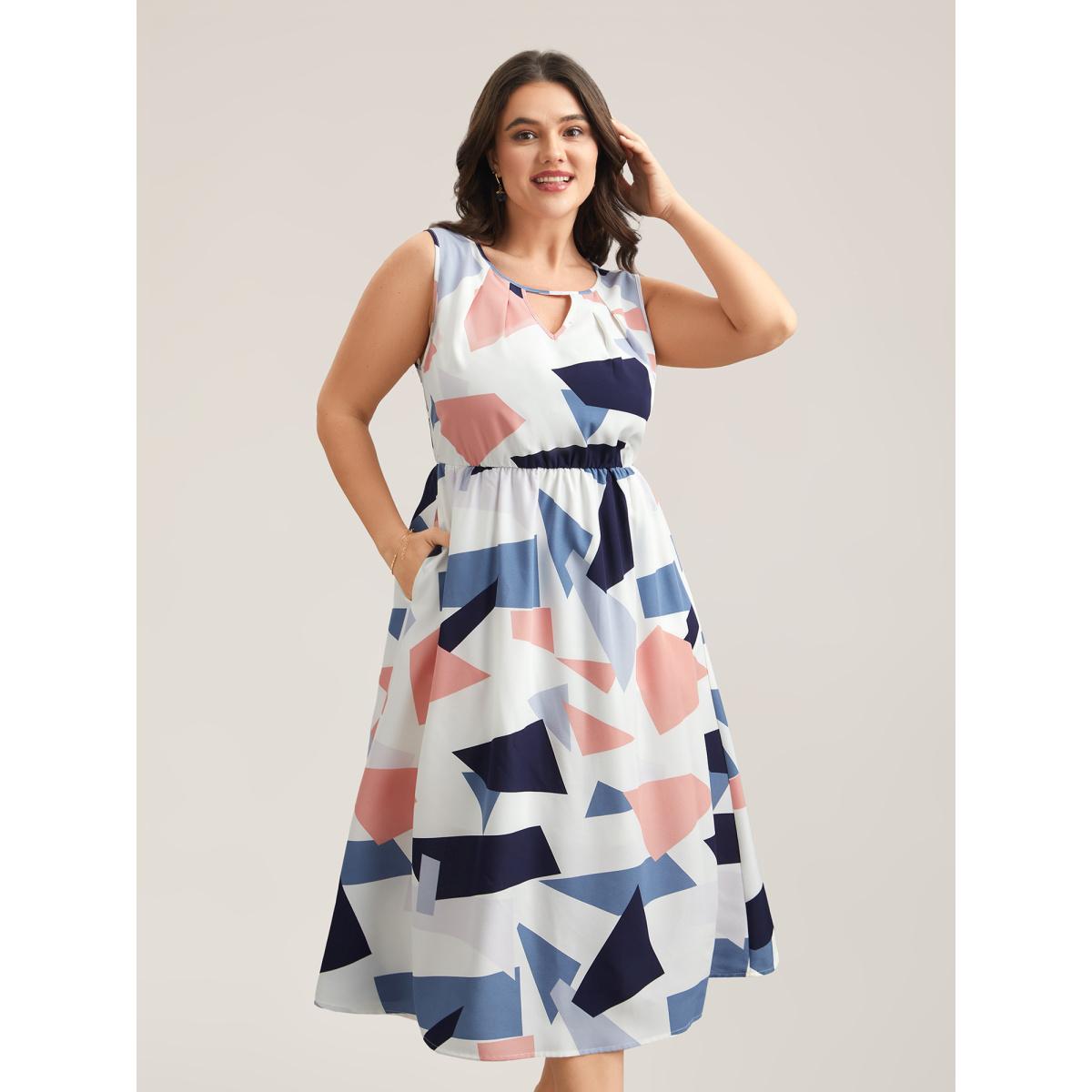 Plus Size Shapes Pattern Keyhole Pockets Midi Dress Multicolor Women Elegant Cut-Out Round Neck Sleeveless Curvy BloomChic 28/5X Product Image