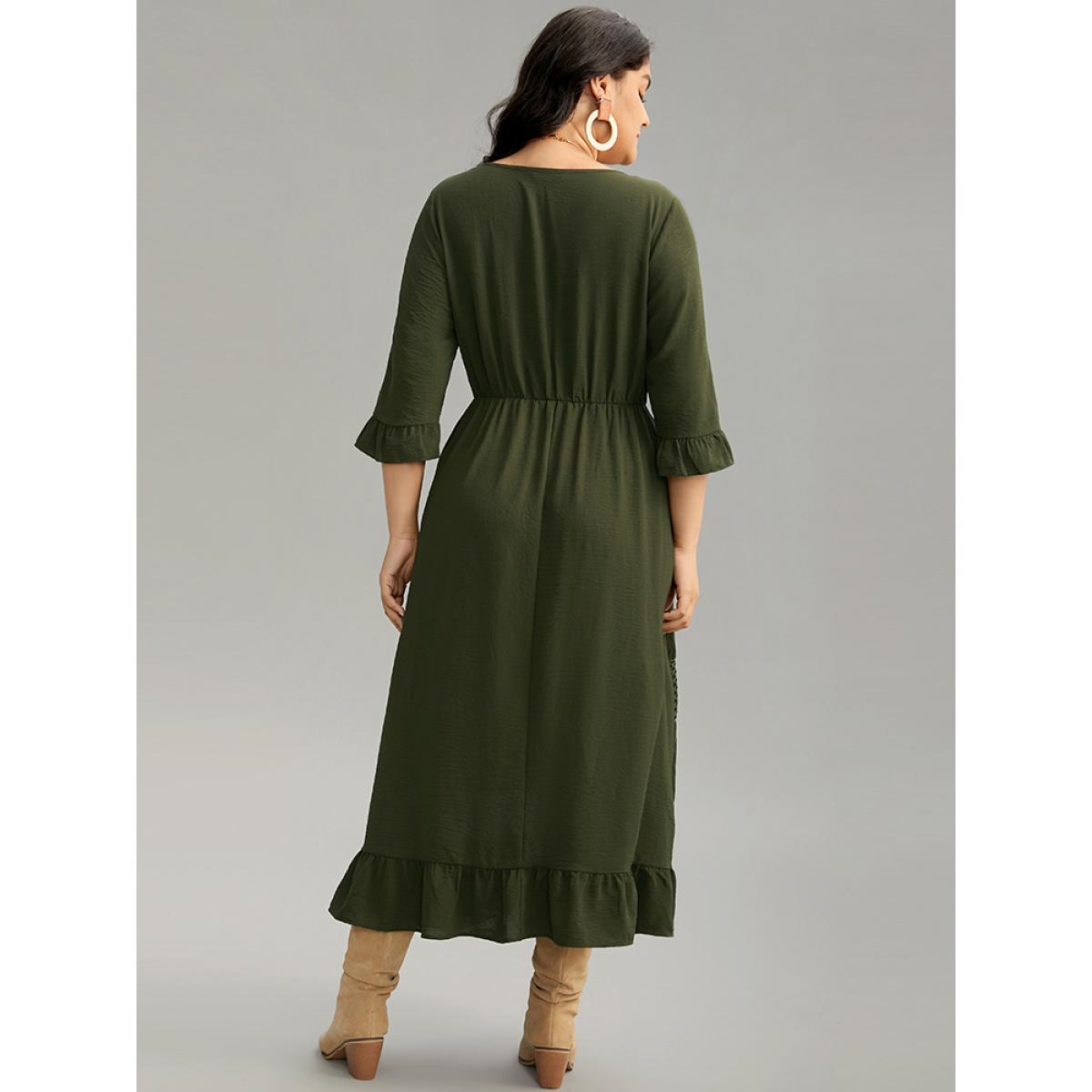 Plus Size Plain Ruffles Patchwork Button Detail Cut Out Dress ArmyGreen Women Vacation Plain V-neck Elbow-length sleeve Curvy Midi Dress BloomChic 28/5X Product Image