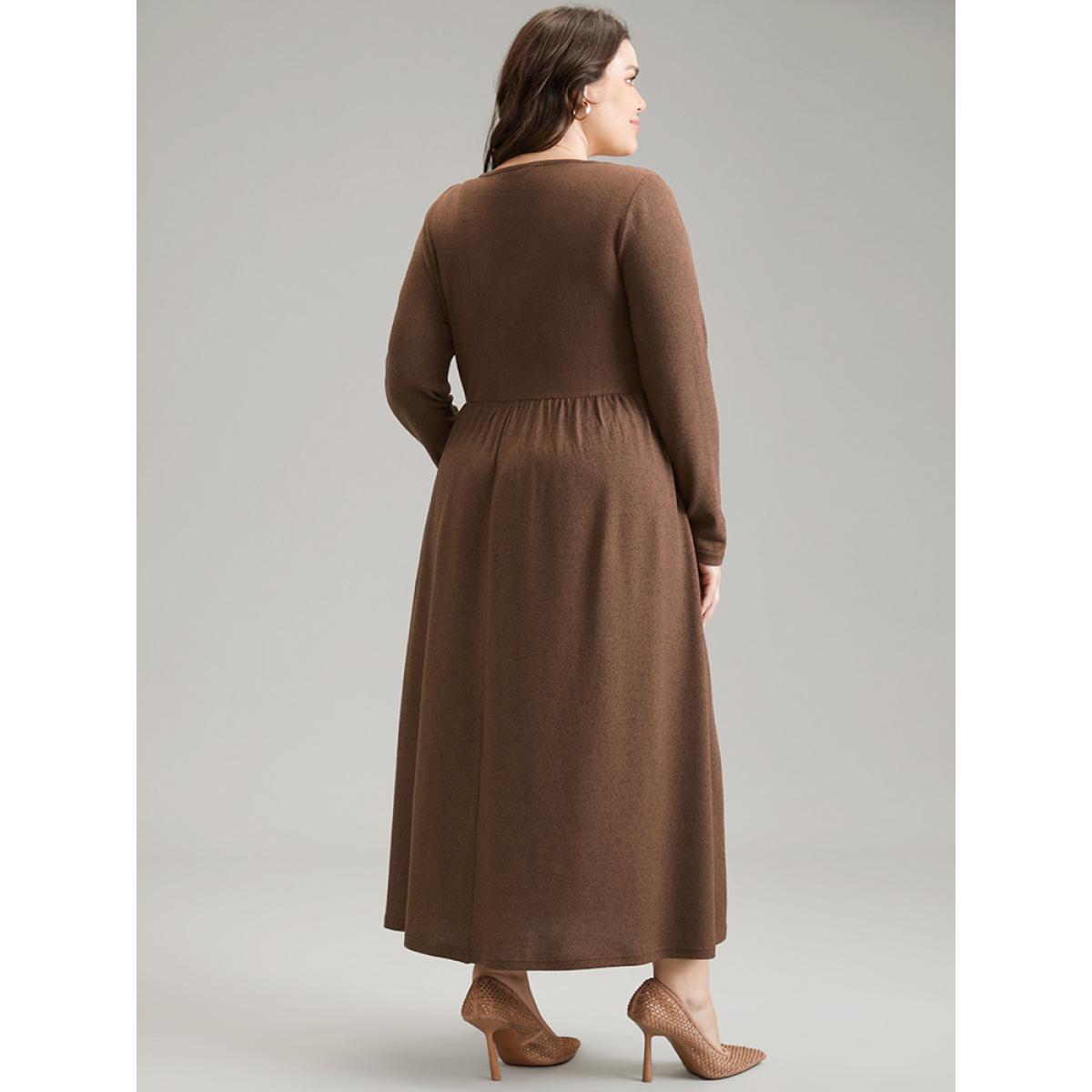 Plus Size Plain Keyhole Elastic Waist Twist Front Dress DarkBrown Women Office Plain Keyhole Cut-Out Long Sleeve Curvy Midi Dress BloomChic 22-24/3X Product Image