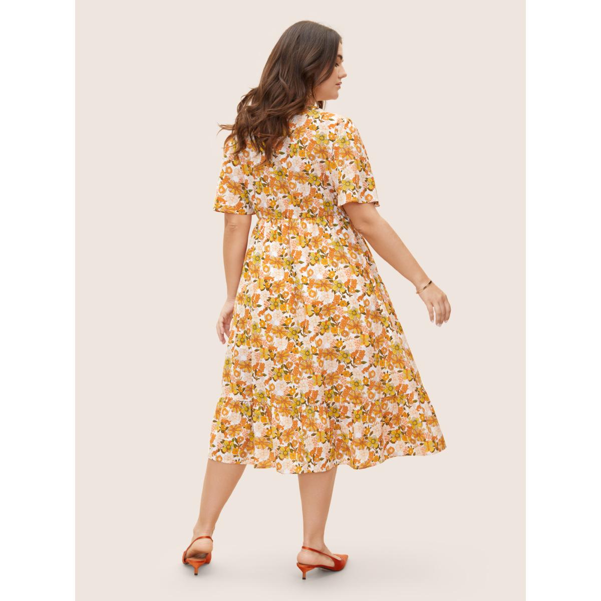 Plus Size Overlap Collar Floral Elastic Waist Midi Dress Multicolor Women Elegant Non Overlap Collar Short sleeve Curvy BloomChic 12/L Product Image