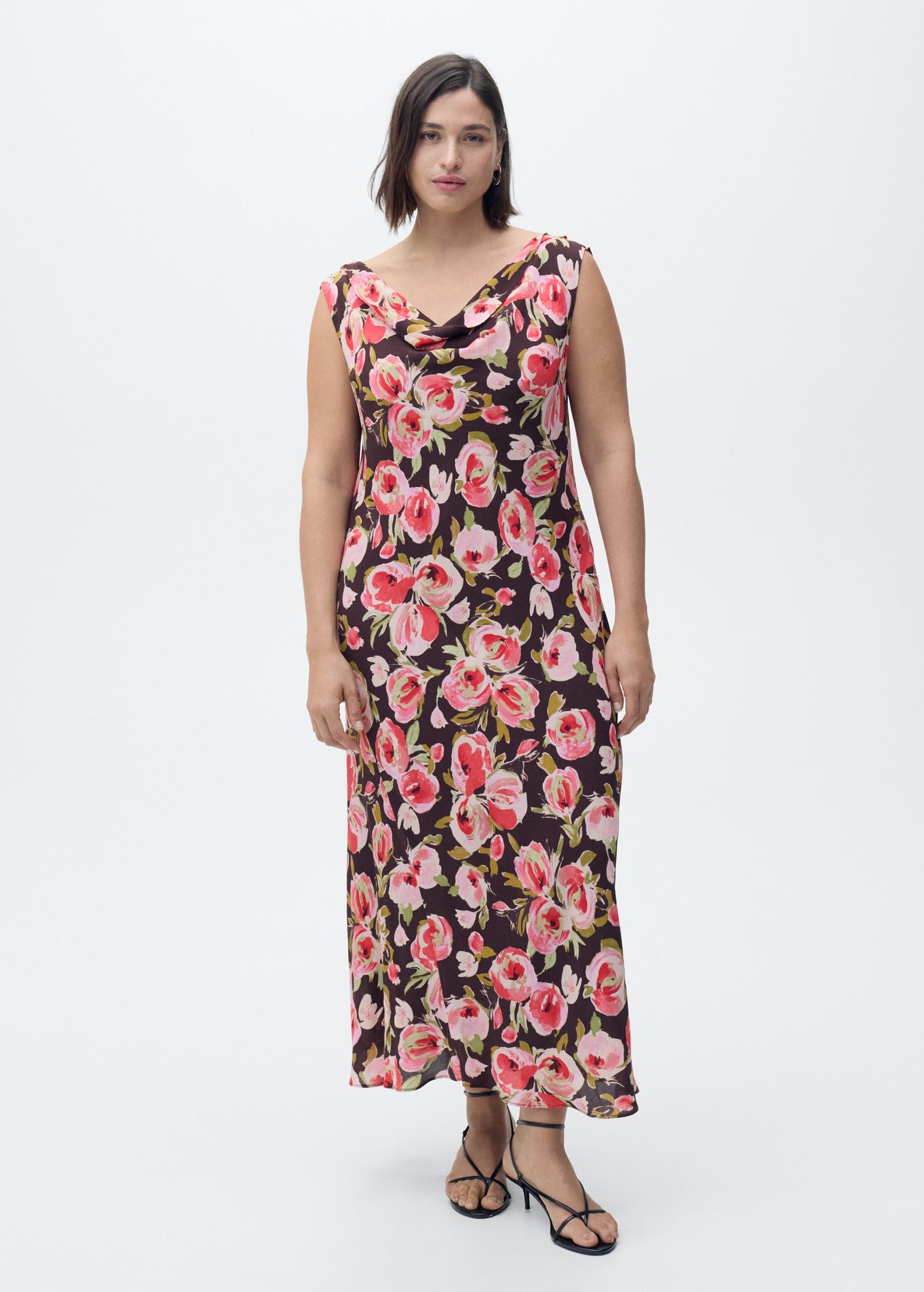 Floral dress with draped neck - Women | MANGO USA Product Image