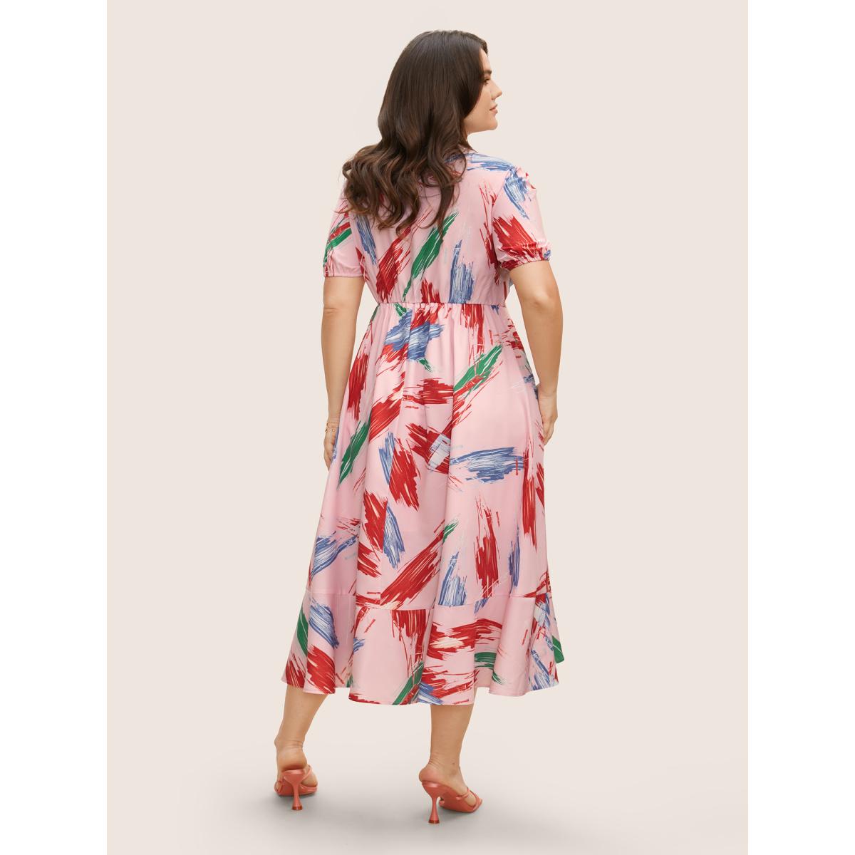 Plus Size Chiffon Floral Tiered Ruffles Split Hem Dress Nudepink Women Elegant Tie knot V-neck Half Sleeve Curvy BloomChic 22-24/3X Product Image