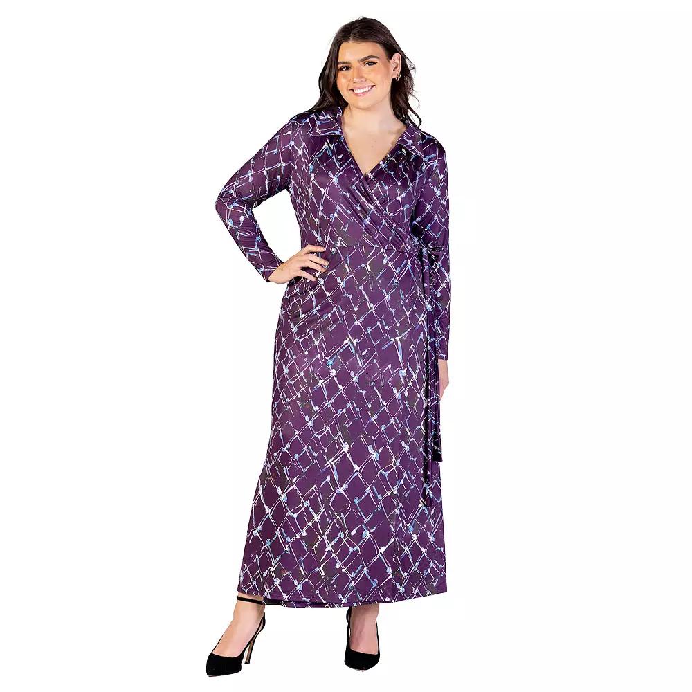 Plus Size 24Seven Comfort Apparel Purple Print Collared Wrap Maxi Dress, Women's, Size: 2XL, Purple Team Product Image
