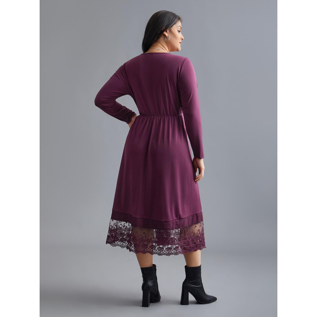 Plus Size Floral Embroidered Mesh Crisscross Dress Deeppurplered Women Timeless Woven ribbon&lace trim Round Neck Long Sleeve Curvy BloomChic 22-24/3X Product Image