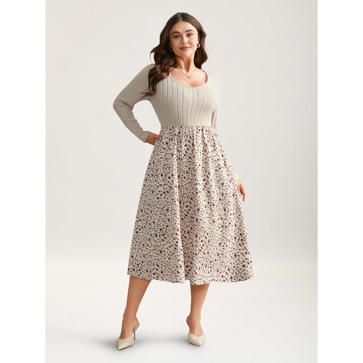 Plus Size Ditsy Floral Patchwork Texture Midi Dress Apricot Women Timeless Texture V-neck Long Sleeve Curvy BloomChic 12/L Product Image