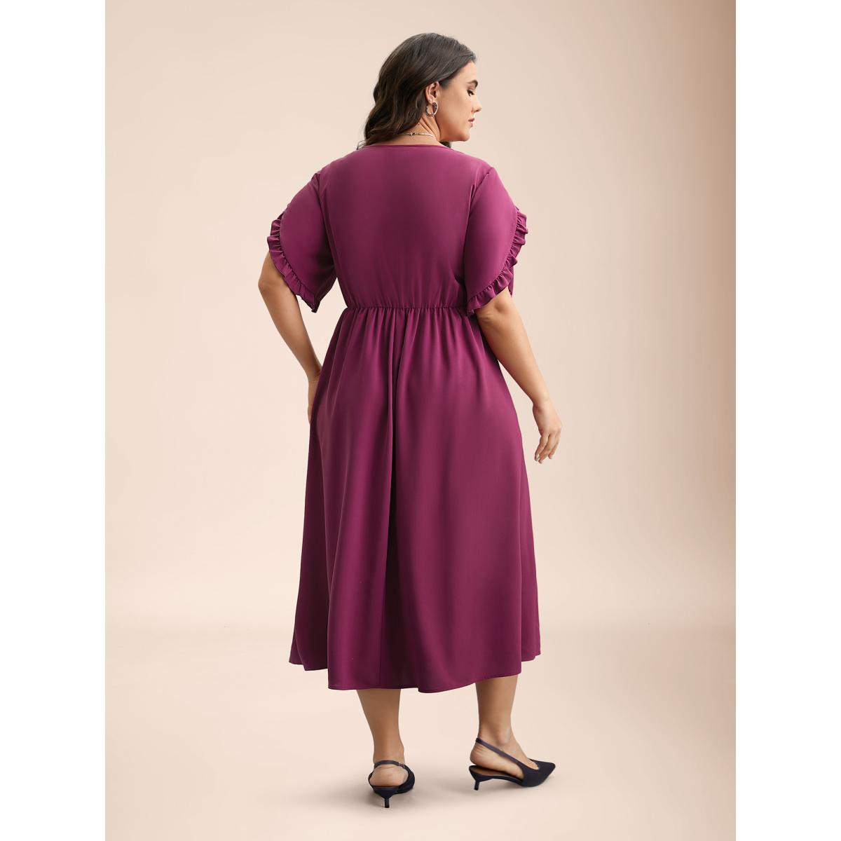 Plus Size Petal Sleeve Ruffled Waist-Cinched Midi Dress Deeppurplered Women Elegant Frill Trim V-neck Half Sleeve Curvy BloomChic 30/6X Product Image