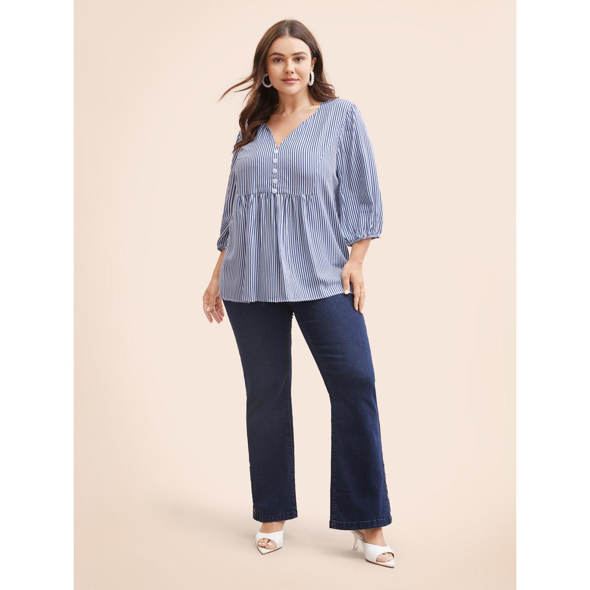 Plus Size Navy Striped Gathered Button Detail Lantern Sleeve Blouse Women Elegant Elbow-length sleeve V-neck Everyday Blouses BloomChic 12/L Product Image