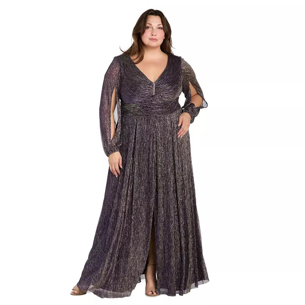 Plus Size R&M Richards Long Crinkle V-Neck Long Sleeve Pleated Dress, Women's, Size: 22 W, Purple Product Image